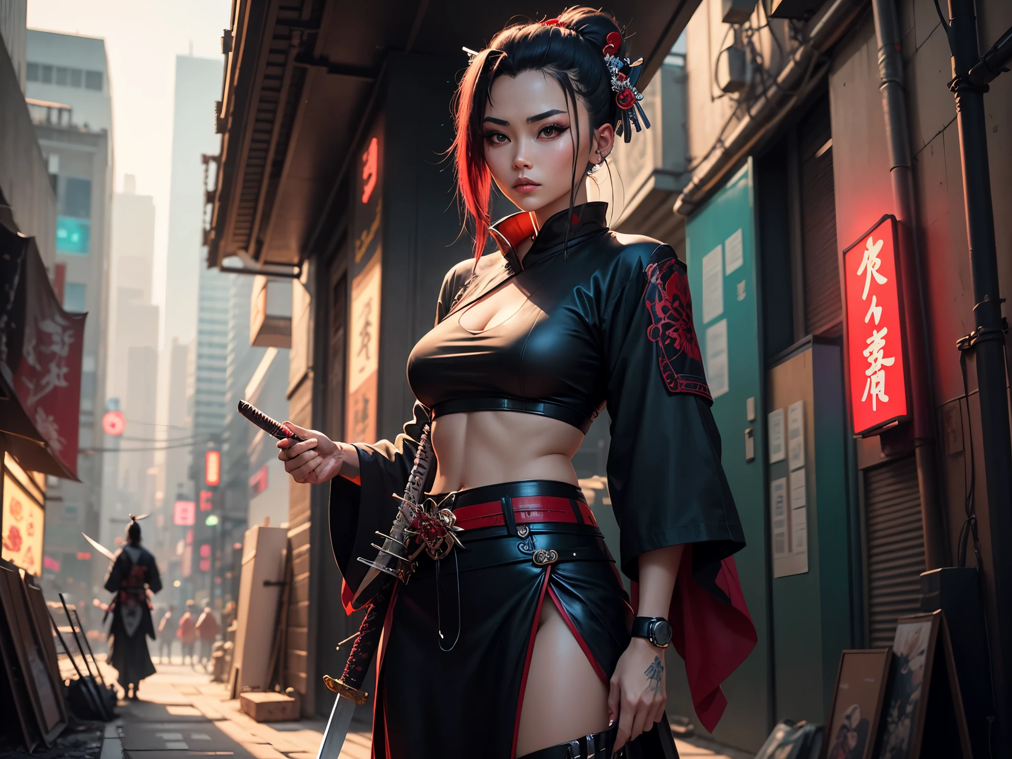 anime, anime, demon, sword, red, black, art, artwork, artwork, digital, artwork, digital art, digital painting, digital art, very beautiful cyberpunk samurai, demon samurai, neon samurai, cyberpunk samurai, demon samurai warrior, badass anime 8 k, she is holding a katana sword, portrait of a cyberpunk samurai, cyberpunk geisha, cyborg samurai