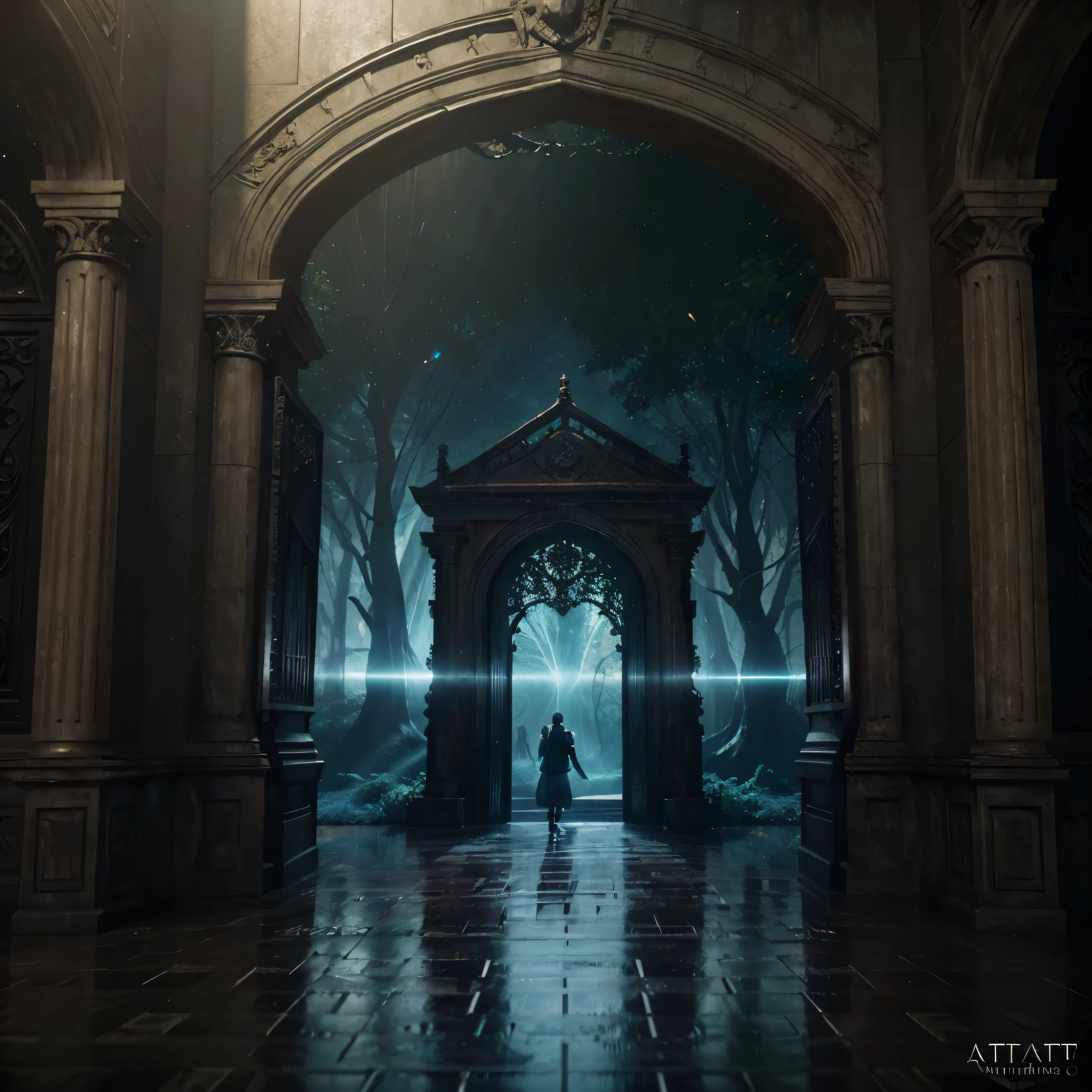 (arte digital:1.3) de (sketched:1.1) octanagem renderiza uma misteriosa floresta densa com um grande (magical:1.2) Gate (portal:1.3) ao reino eterno, blade runner, intricado (videira:1.2), massive tree in liquid metal, retrato realista da pintura digital, filmed in 8k resolution, petrol liquid, cor pastel, arte inicial, universo magical azul e roxo, light engrave in intricado details, (light particle:1.2), (conceito de jogo:1.3), (profundidade de campo:1.3), global illumination,altamente detalhado,trends on artstation