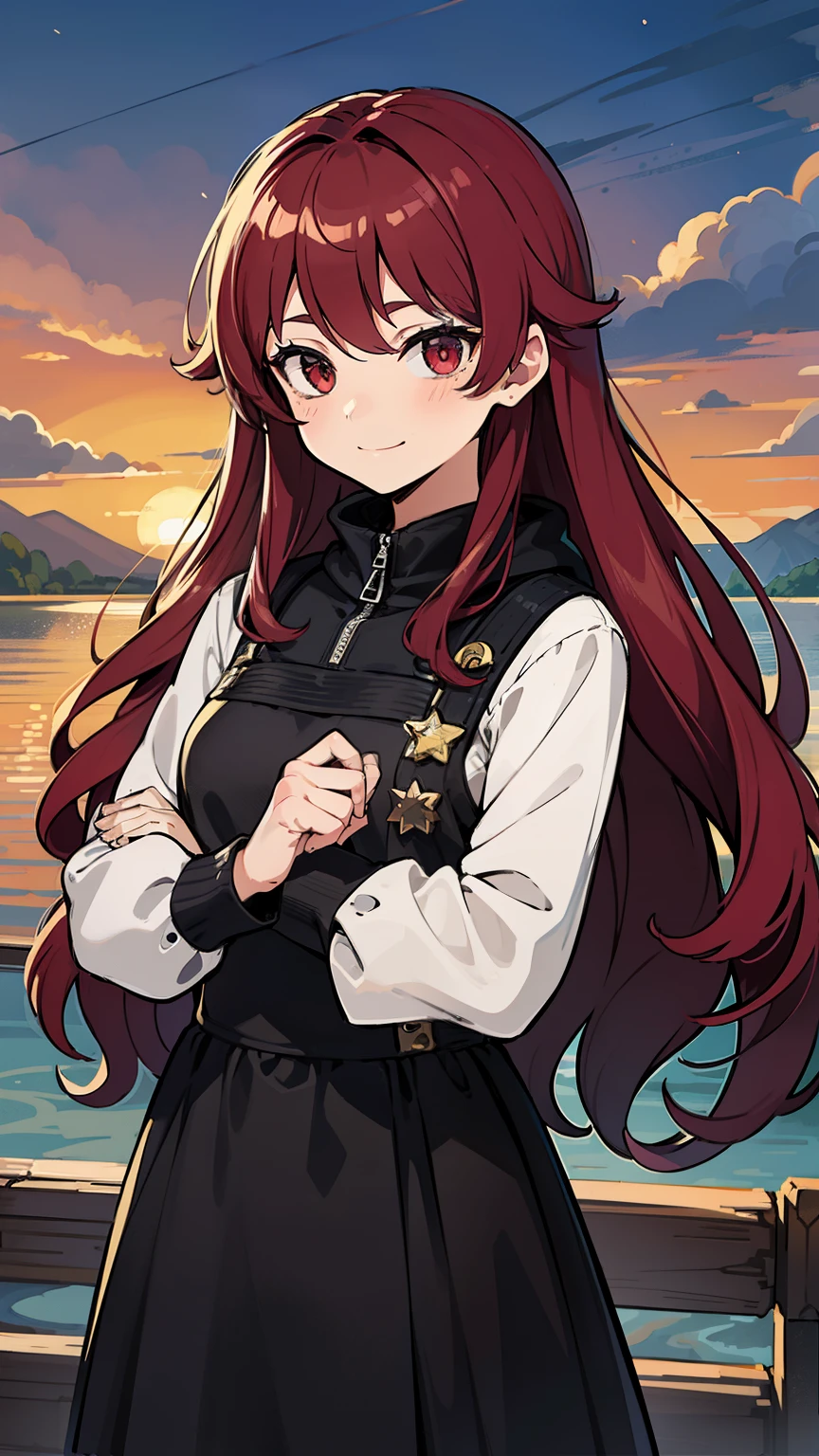 (high-quality, breathtaking),(expressive eyes, perfect face) 1girl, female, solo, , adoles red color hair, dark red eye color, soft wavy hair, long hair length, cute smile, dress, jacket, honkai star rail art style, soft kind expression, splash art, 4" Height, cute face, childlike face, calm expression, modern clothing, adventurers outfit, decals on clothing, jewellery and accessories,