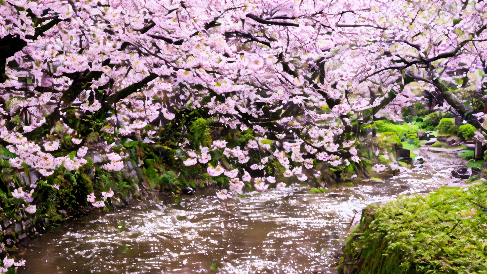 A stream flowing through a lush park々nice view, sakura bloomimg, sakura kinomoto, flowing cherry-colored silk, Cherry treeの下で, The blossoming path to heaven, lush Cherry tree, Cherry tree, Cherry Blossom rain everywhere, Cherry Blossom, sakura season, Cherry Blossoms, flowing cherry blossom silk, Cherry Blossom falling, photo 4k, Photo 4K