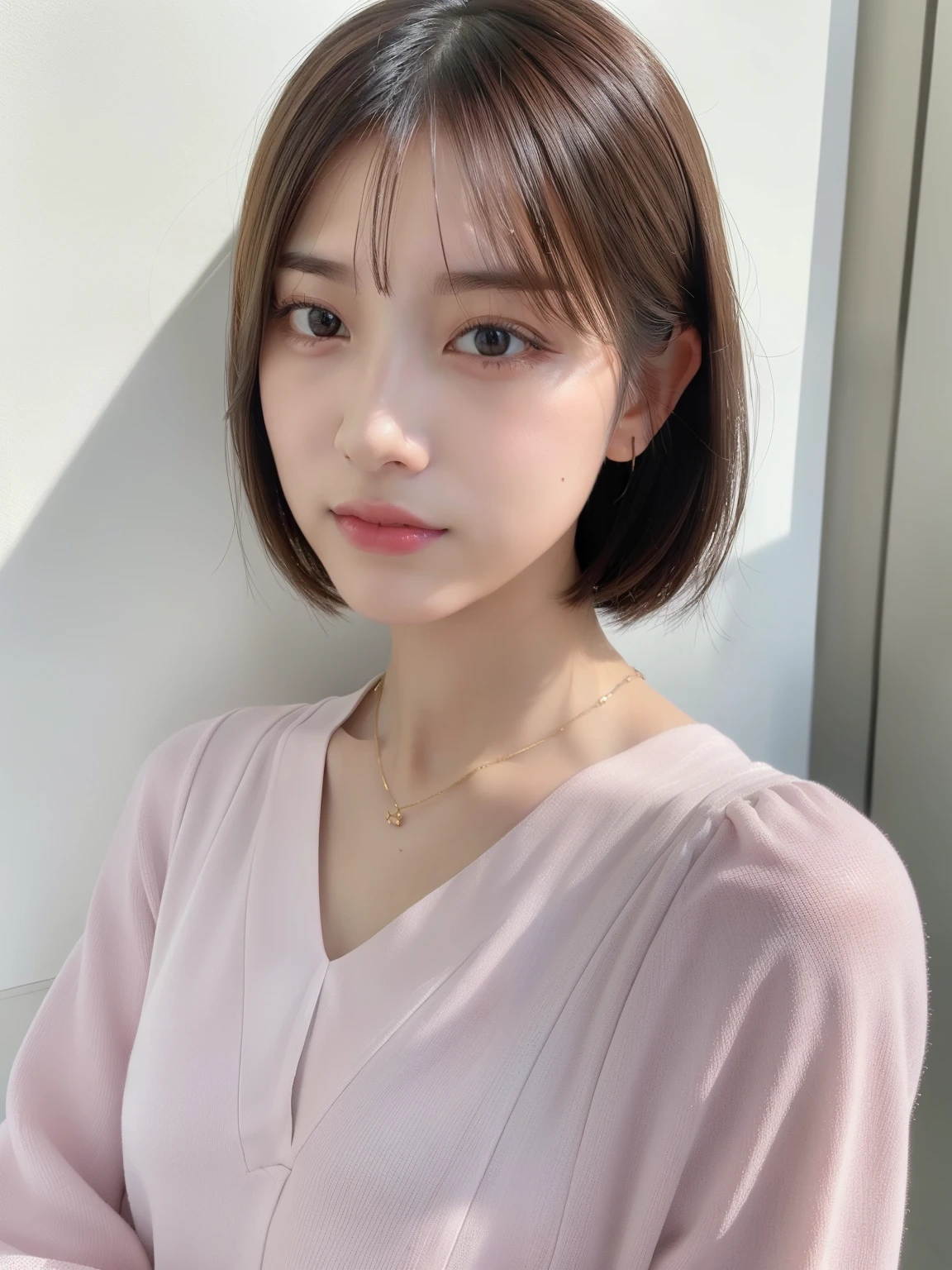(highest quality、8K、32K、masterpiece、nffsw:1.2)、Taken in front of a white wall、Photos of Japan women、shortcut、short hair、very short hair、Upper body、surface focus、simple necklace、simple background、From above、looking at the viewer、mix 4、(8K、Raw photo、highest quality、masterpiece:1.2)、(realistic、Photoreal:1.37)、1 girl、professional lighting、photon mapping、Physically based rendering、excellent image quality、High resolution、1080P、(clean face)、(Detailed facial description)、(detailed description of hands)、(Masseter muscle part)、(Detailed CG)、 masterpiece、rich details、(exquisite features)、(best image quality)、(masterpiece)、(detailed eye)、looking forward to your eyes、delicate clavicle、Versatile poses、Don'don't watch the mela、profile、simple necklace、((pastel colored spring clothes、Long sleeve dresses))
