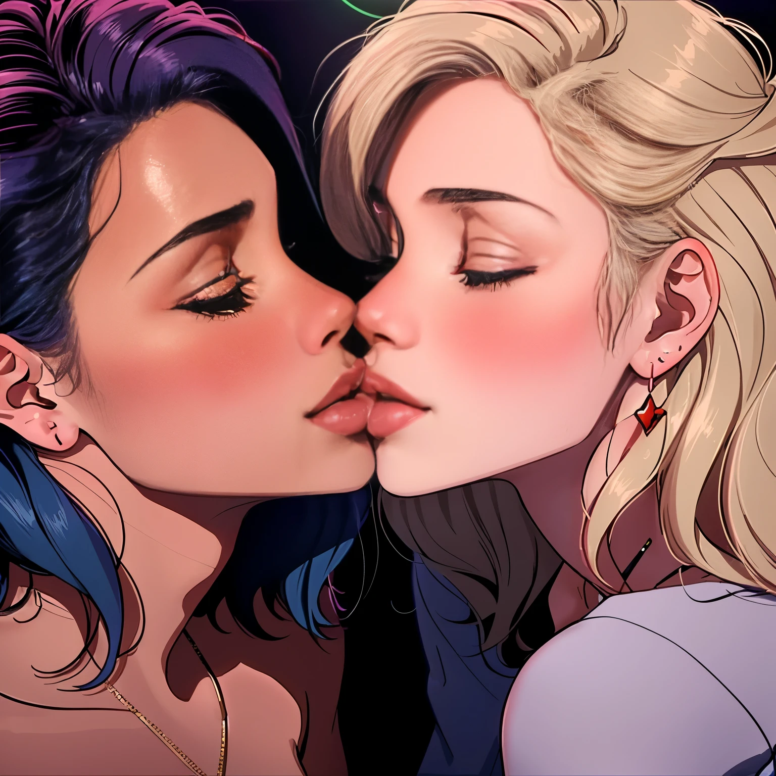 two women kissing each other in a dark room, lesbian kiss, lesbian embrace, two women kissing at a carnival, lesbians, kiss, lesbian, kissing, kiss mouth to mouth, kissing together cutely, filmstill, aurora aksnes and zoë kravitz, screenshot from a movie, kissing each other, full scene shot, x, portrait of two girls kissing
