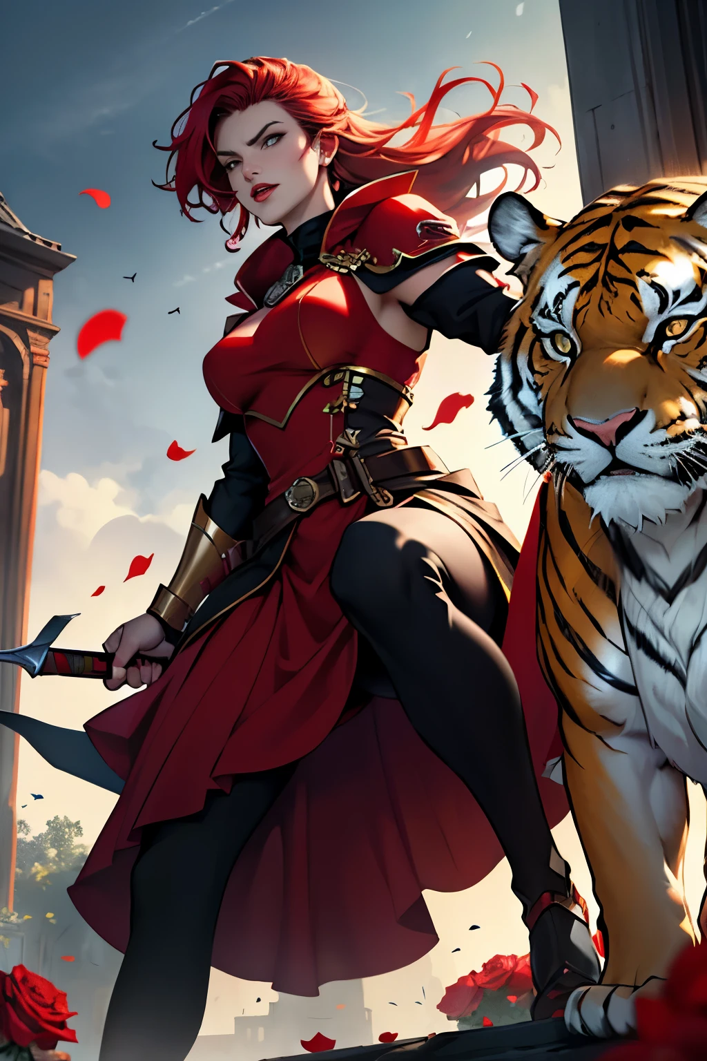 Cinematic Still of a Warrior Woman with Red Hair and Red Lips,
(Best Quality, 4k, 8K, high resolution, Masterpiece: 1.2),
Red-haired woman, red lips, big breasts, slim face, purple eyes,
Mounted on a golden tiger, holding a bouquet of red roses in her hands,
Full body view, Warrior outfit, golden armor accents,
Tiger's amber eyes focused intently forward,
Red cape flowing behind the noblewoman,
Powerful expression, determined gaze,
Tiger's claws poised, ready to pounce,
Vibrant red roses juxt