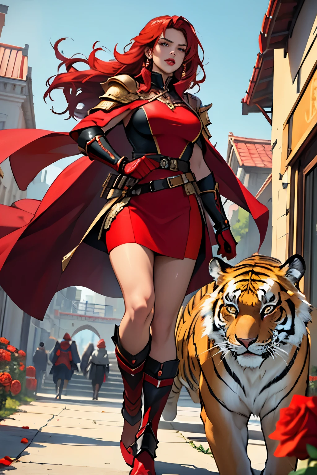 Cinematic Still of a Warrior Woman with Red Hair and Red Lips,
(Best Quality, 4k, 8K, high resolution, Masterpiece: 1.2),
Red-haired woman, red lips, big breasts, slim face, purple eyes,
Mounted on a golden tiger, holding a bouquet of red roses in her hands,
Full body view, Warrior outfit, golden armor accents,
Tiger's amber eyes focused intently forward,
Red cape flowing behind the noblewoman,
Powerful expression, determined gaze,
Tiger's claws poised, ready to pounce,
Vibrant red roses juxt