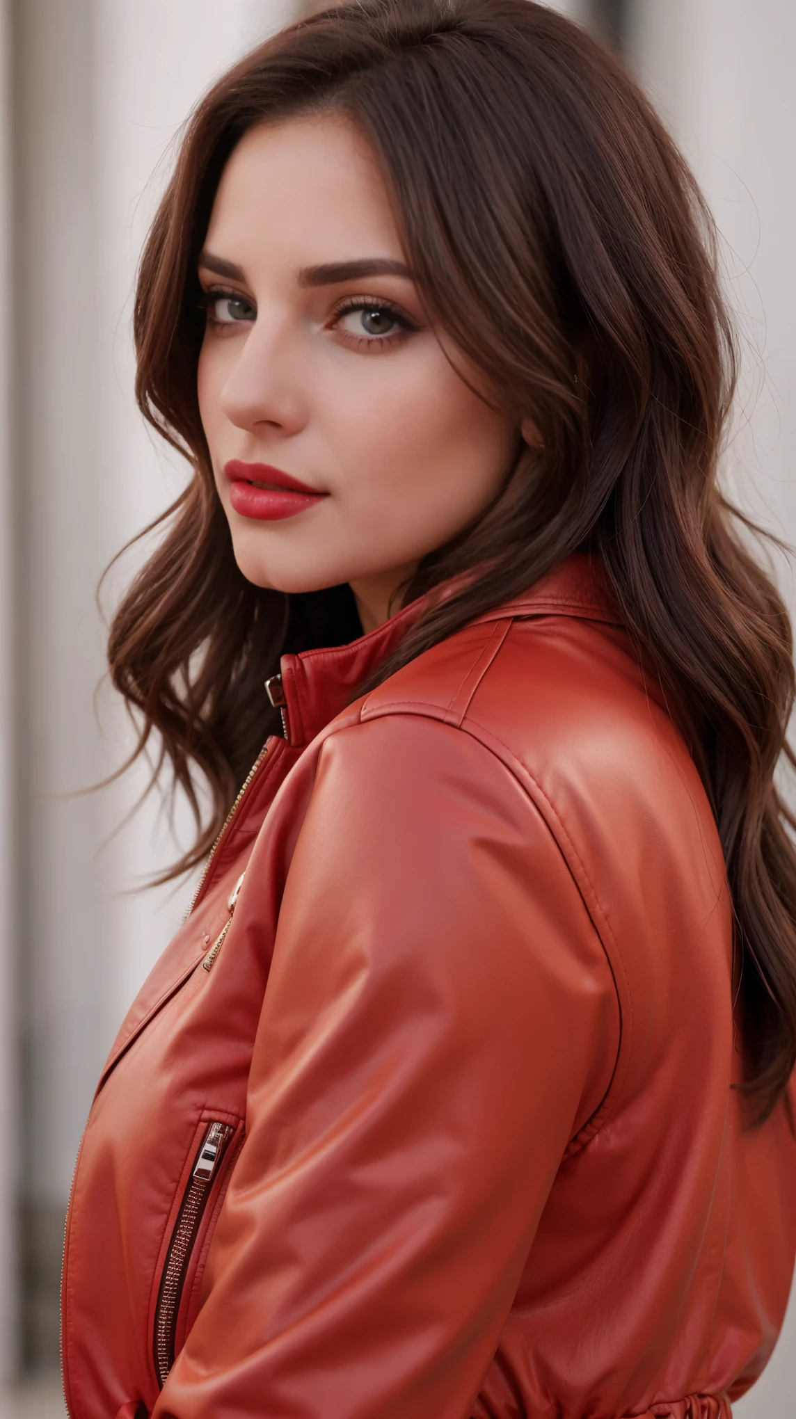 (La mejor calidad,realista:1),sexy, feliz, chaqueta color rojo, Ojos y labios detallados, Bold expression