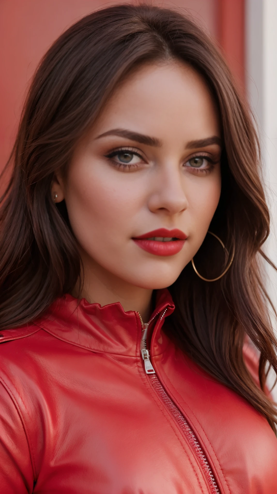 (La mejor calidad,realista:1),sexy, feliz, chaqueta color rojo, Ojos y labios detallados, Bold expression