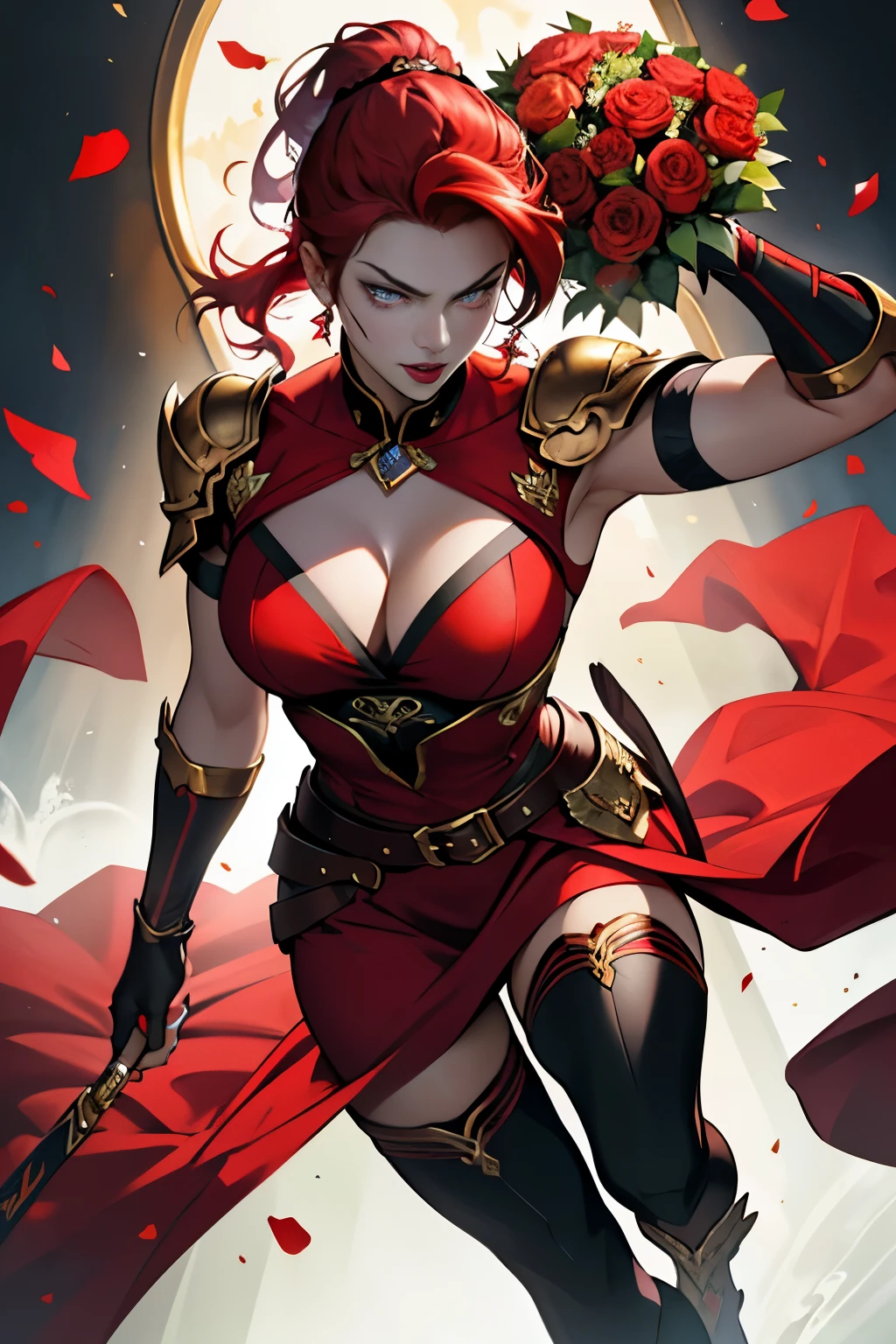 Cinematic Still of a Warrior Woman with Red Hair and Red Lips,
(Best Quality, 4k, 8K, high resolution, Masterpiece: 1.2),
Red-haired woman, red lips, big breasts, slim face, purple eyes,
Mounted on a golden tiger, holding a bouquet of red roses in her hands,
Full body view, Warrior outfit, golden armor accents,
Tiger's amber eyes focused intently forward,
Red cape flowing behind the noblewoman,
Powerful expression, determined gaze,
Tiger's claws poised, ready to pounce,
Vibrant red roses juxt