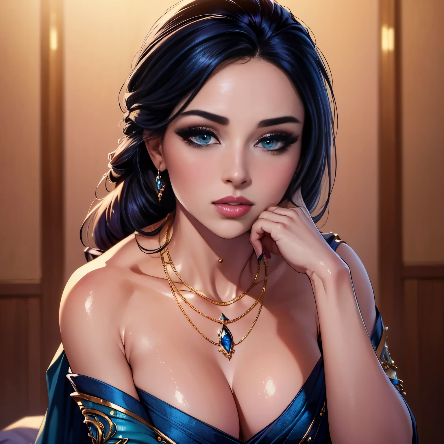 (best quality,4k,8k,highres,masterpiece:1.2), ultra-detailed, (realistic,photorealistic,photo-realistic:1.37), sexy woman, elegant hairdo, blue sari, sapphire necklace, pale skin, light eyes, blushing, amazing body, hourglass figure, hands resting on hips, vivid colors, portraits, studio lighting, sharp focus, beautiful detailed eyes, beautiful detailed lips, longeyelashes