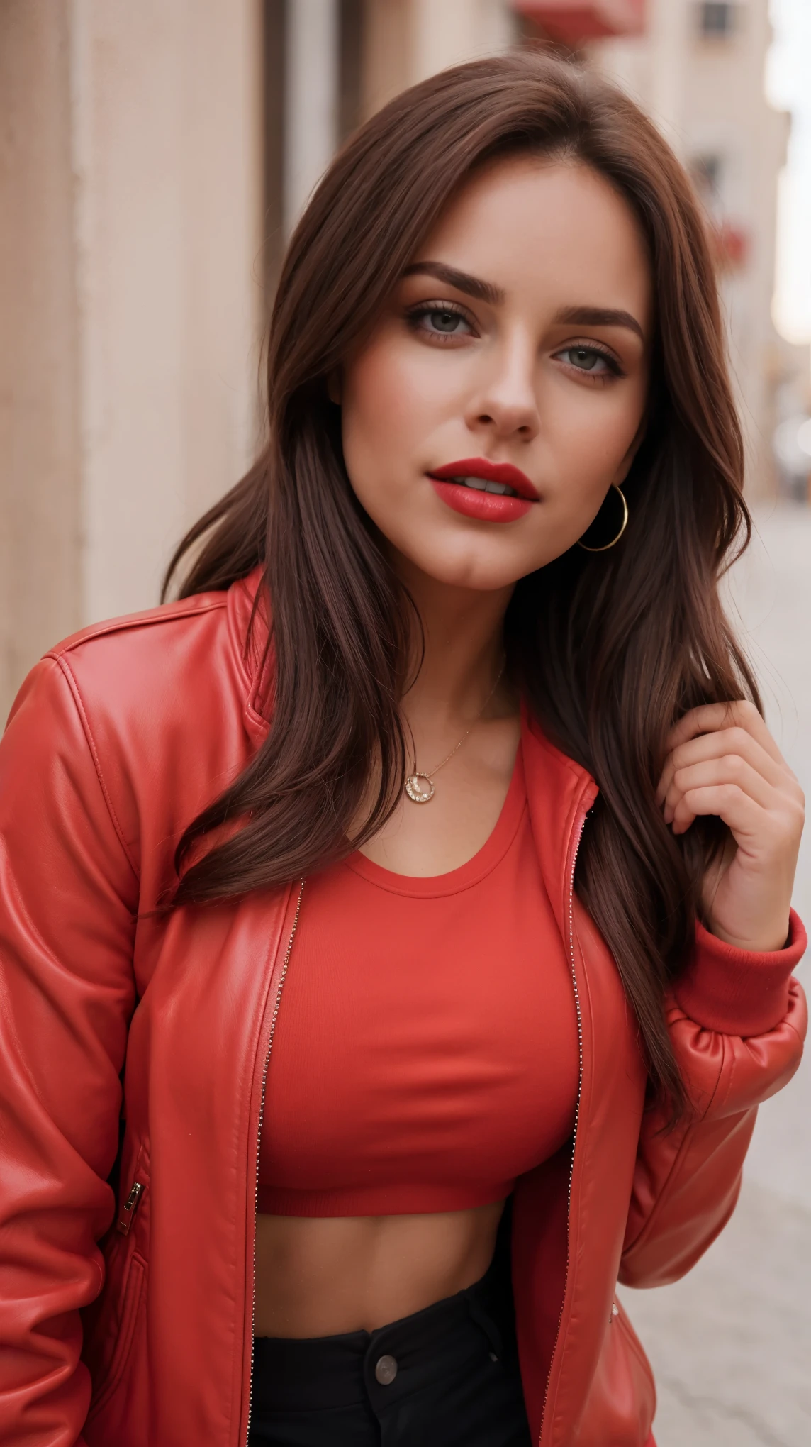 (La mejor calidad,realista:1),sexy, feliz, chaqueta color rojo, Ojos y labios detallados, Bold expression