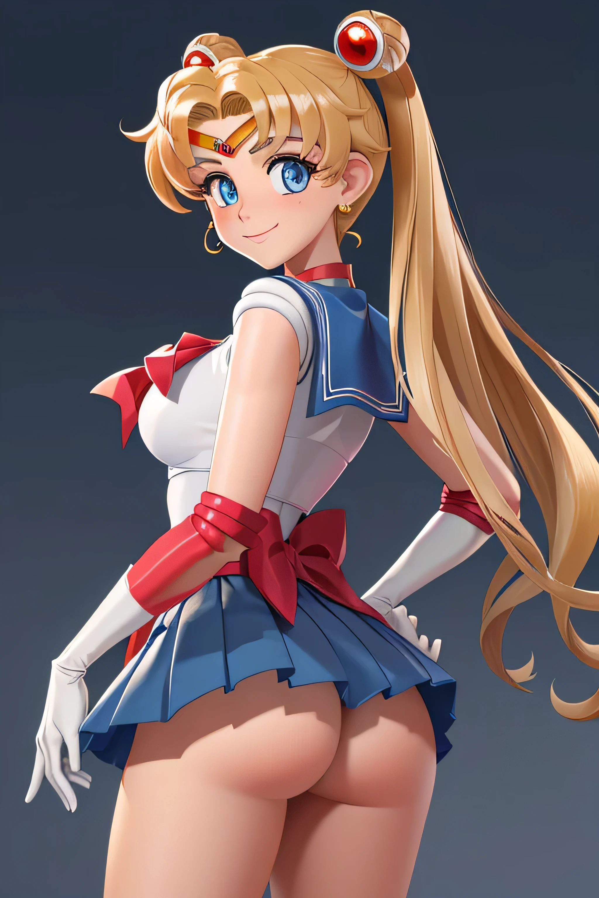 obra maestra, Mejor calidad, absurdos, perfect anatomy, 1 chica, Solo, SMMoon, 1990s \(Estilo\), rubia sailor moon, de pie, Sonrisa, tiro de vaquero, Uniforme Marinero Senshi, cuello marinero, falda azul, guantes de codo, en postura de espalda, Show off your loot, backward, No hay tanga Big Booty, Minifalda ultra ( postura de espalda, backward, Show off your loot) ( Sin tanga)
