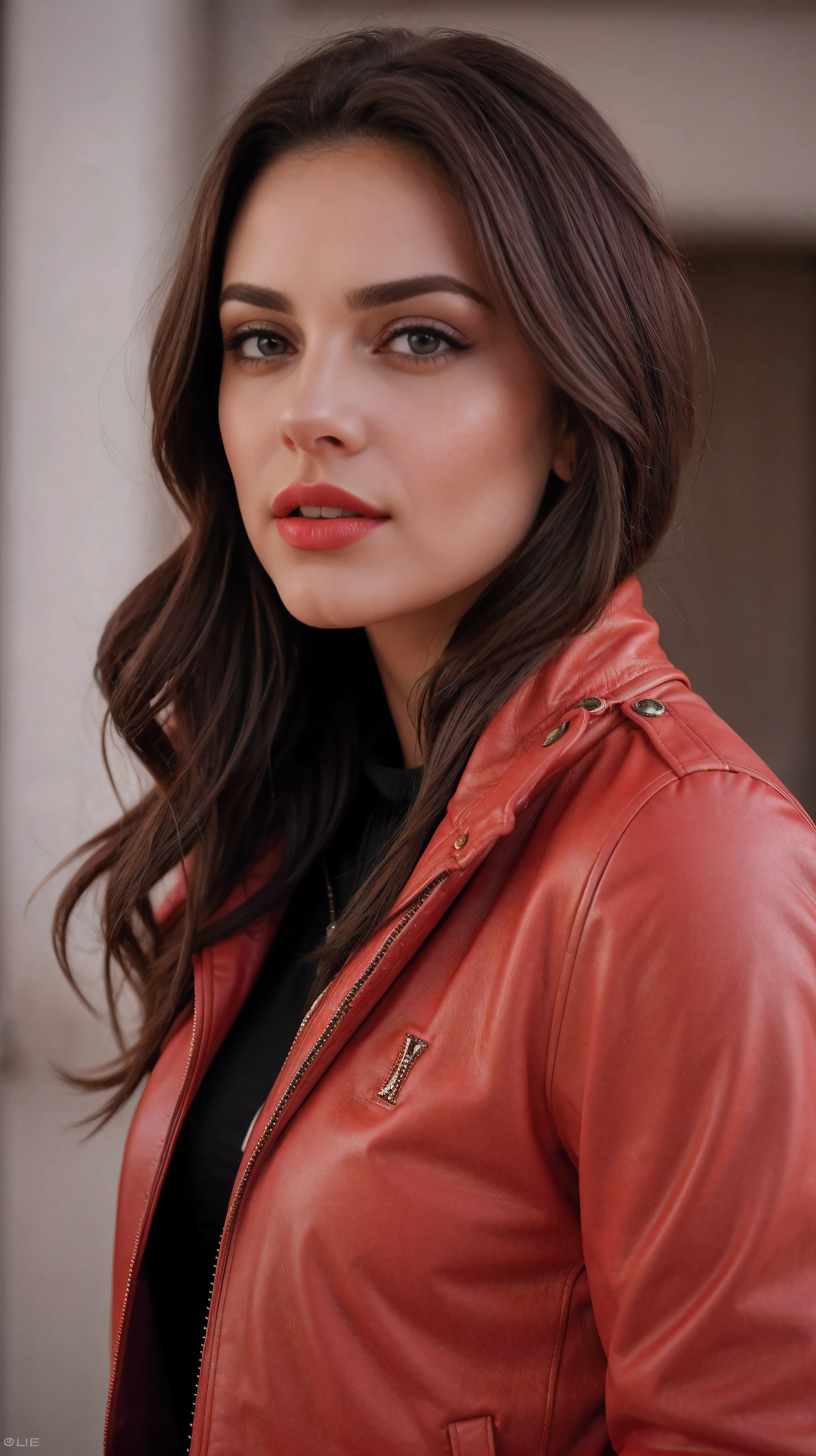 (La mejor calidad,realista:1),sexy, feliz, chaqueta color rojo, Ojos y labios detallados, Bold expression