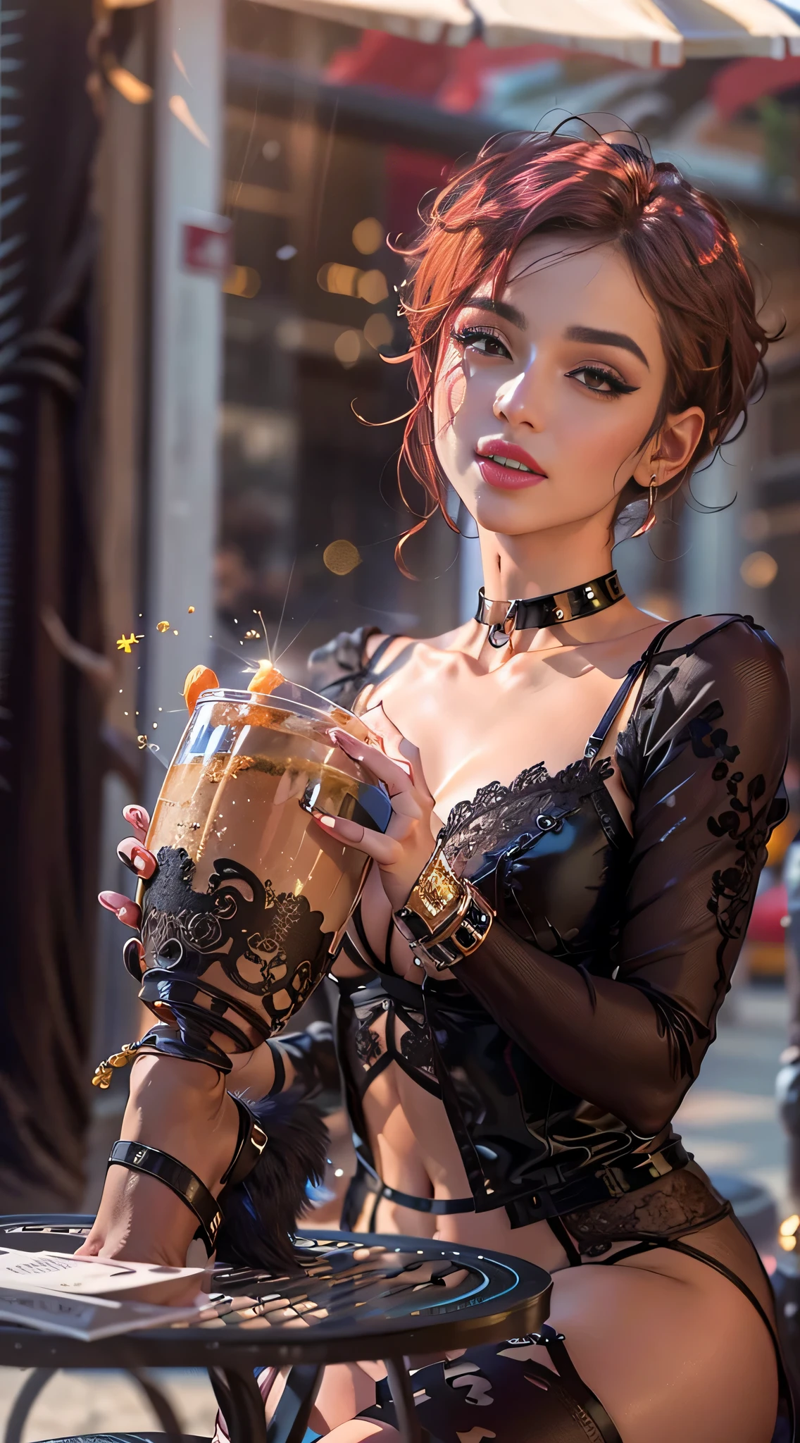 piercing eyes, looking straight, glamorous, joi, very happy, short salon hair, lingerie, choker, closeup portrait, stockings, high heels, in a outdoor cafe in 2024, afternoon light,