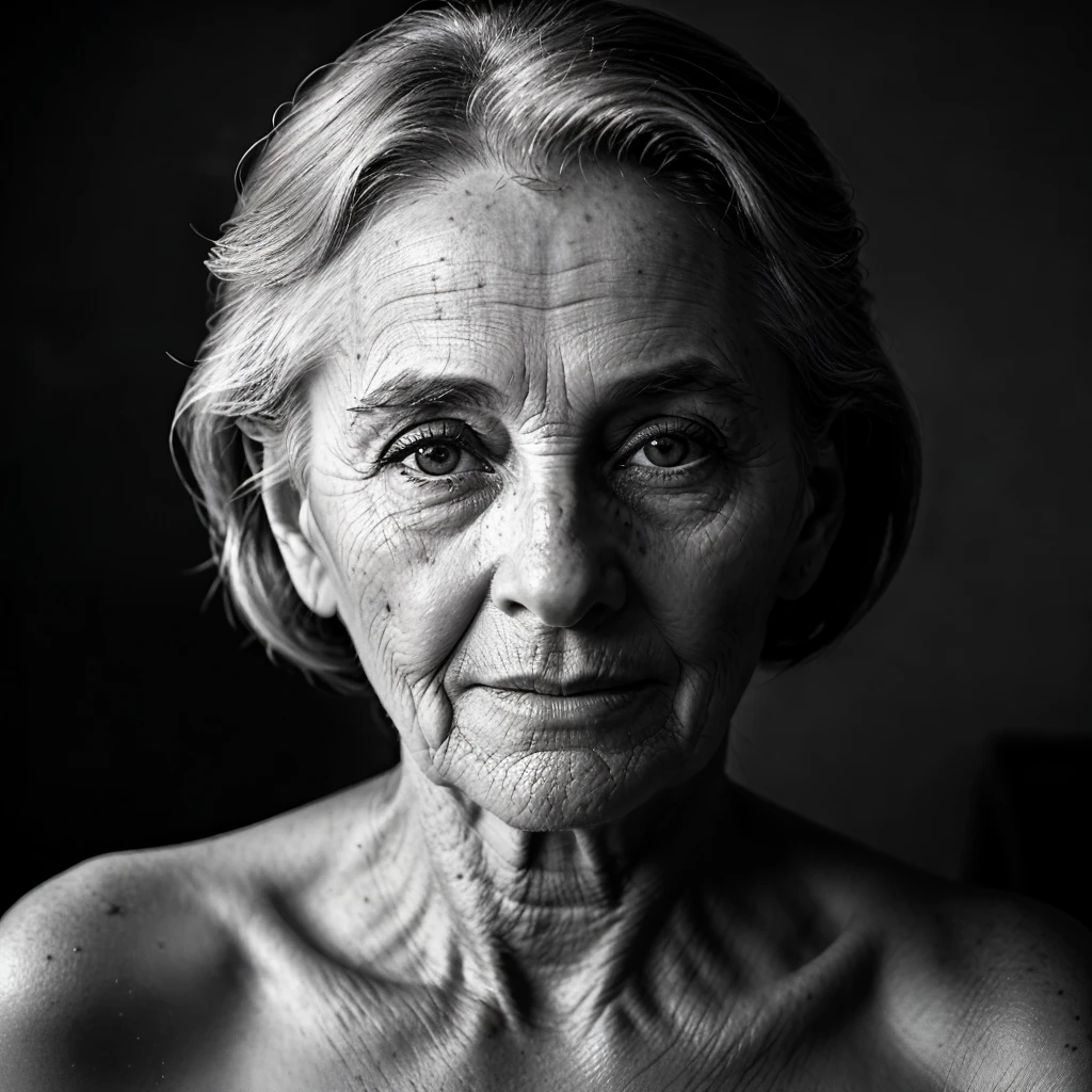 (RAW style, masterpiece, best quality, ultra-detailed), old woman, naked, small breasts, authentic portraiture, graceful aging, natural lighting, grayscale filter, textured skin, wrinkled yet beautiful, close up shot, cinematic grain, vintage aesthetic, intricate details, hyperrealistic, raw and unfiltered, ((((realistic look))))
An elderly woman, au naturel, with small breasts, captured in a moment of raw vulnerability. The snapshot possesses an authentic portraiture charm, an ode to graceful aging, adorned with natural lighting that casts intricate shadows on her textured skin. The grayscale filter