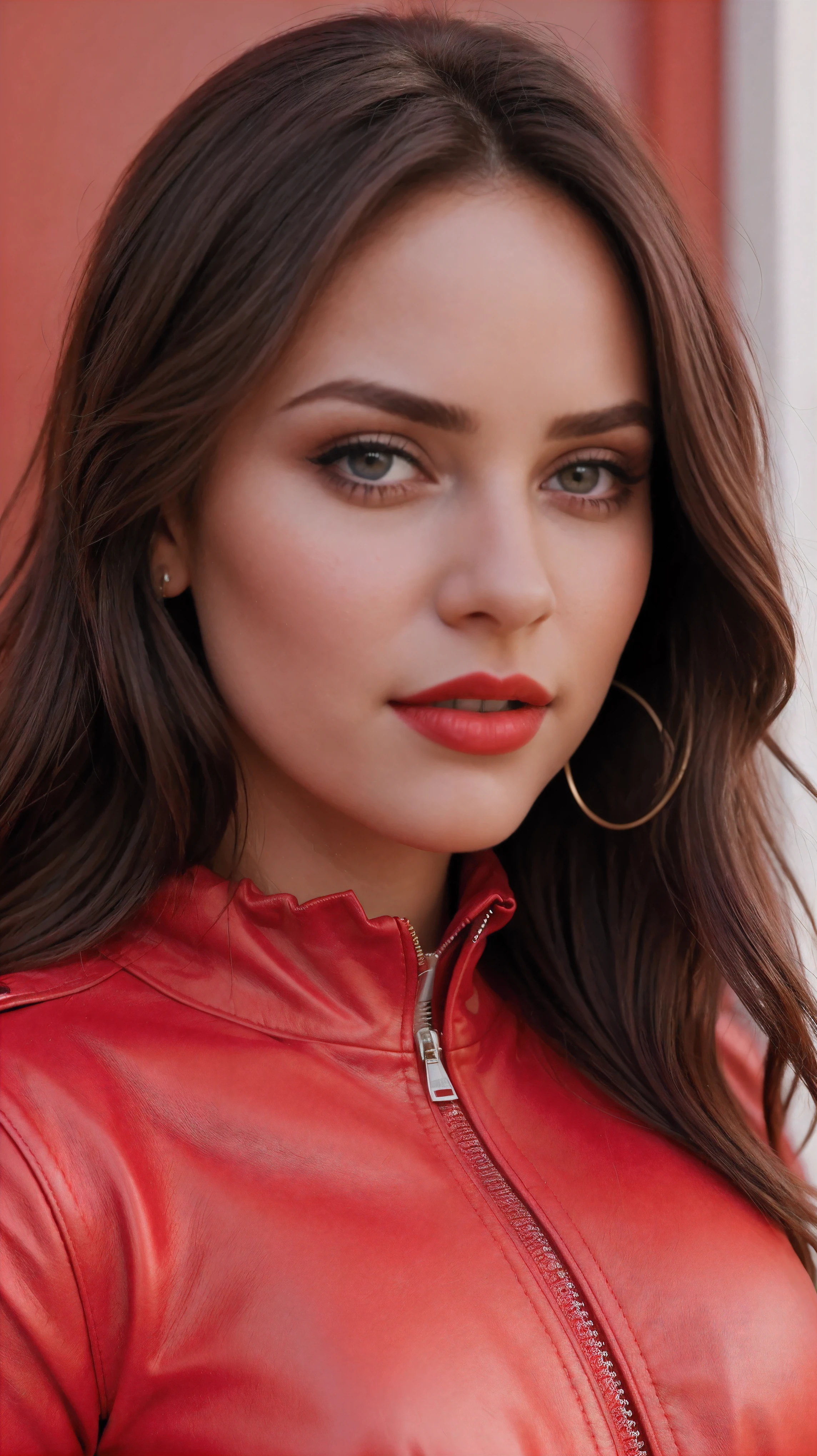 (La mejor calidad,realista:1),sexy, feliz, chaqueta color rojo, Ojos y labios detallados, Bold expression