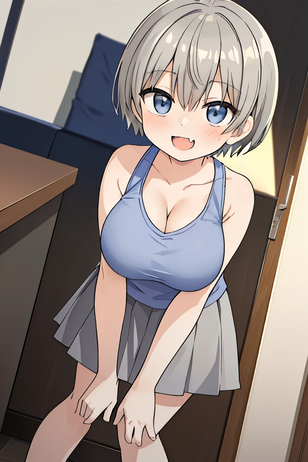 (masterpiece, best quality),solo, looking at viewer,stylish angle,active pose hana,blush,short gray hair,large breasts,white print tank top,blue miniskirt,evil smile,comic,manga,fang,open mouth,annoying,game center,bent down, cleavage