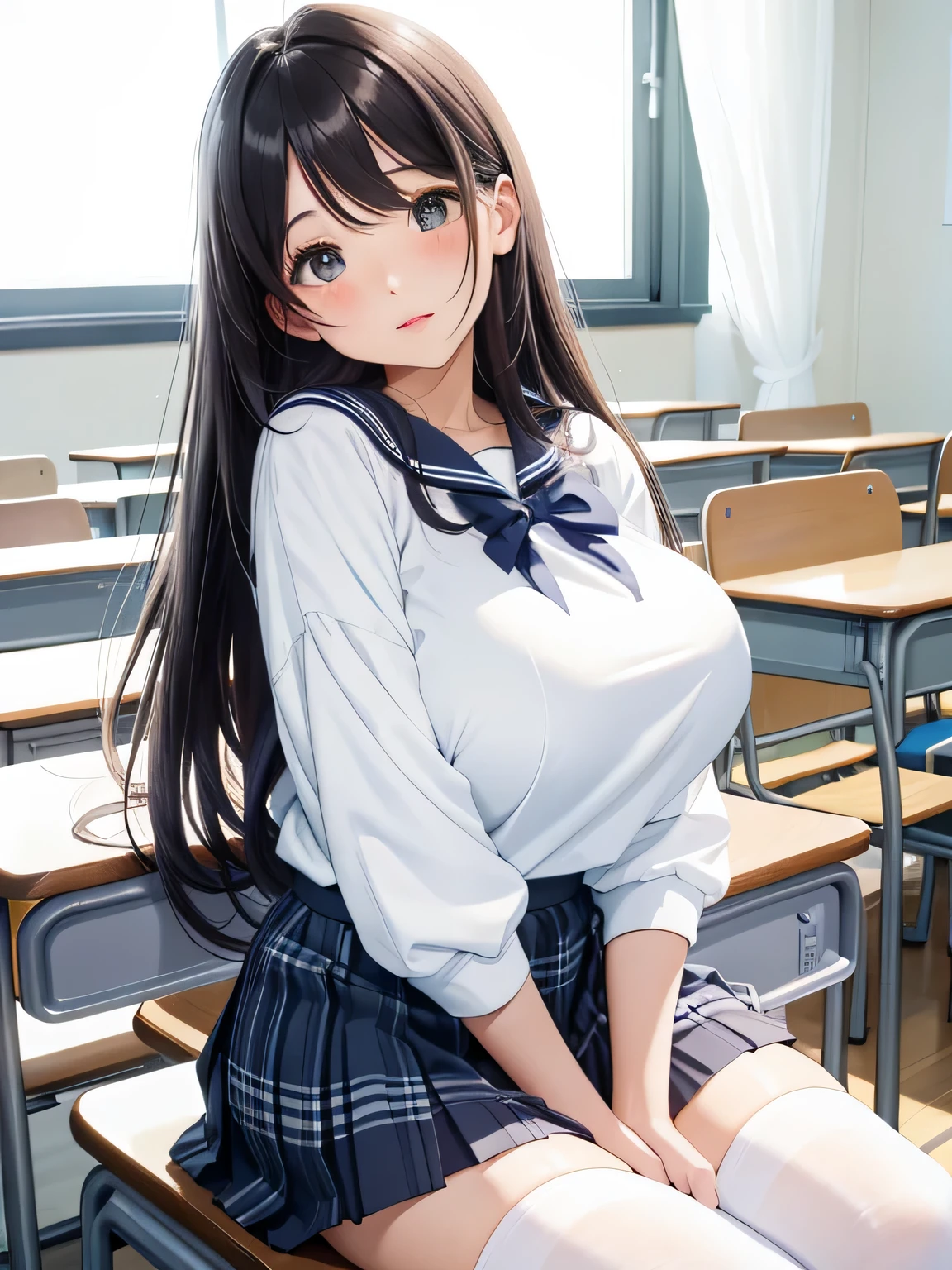 highest quality、High resolution、detailed background、beautiful and detailed face、beautiful and smooth skin、skin texture、professional lighting、Beautiful girl、((three women))、(huge breasts:1.2)、Changing clothes in the classroom、cute hairstyle、 cute sailor suit、Plaid pleated mini skirt、white bra、white panties、white knee high socks、white pantyhose、Look at me happily、sexual expression、Pull Panties、panty shot
