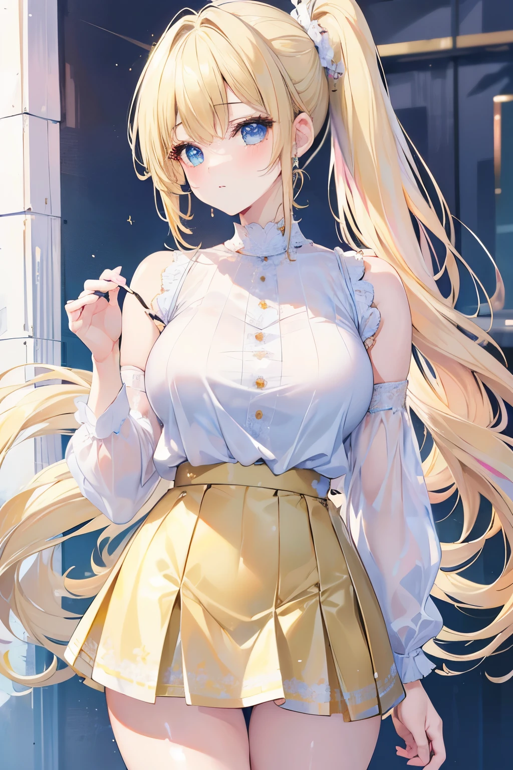 Anime girl with long blonde hair and blue eyes posing in front of a ...