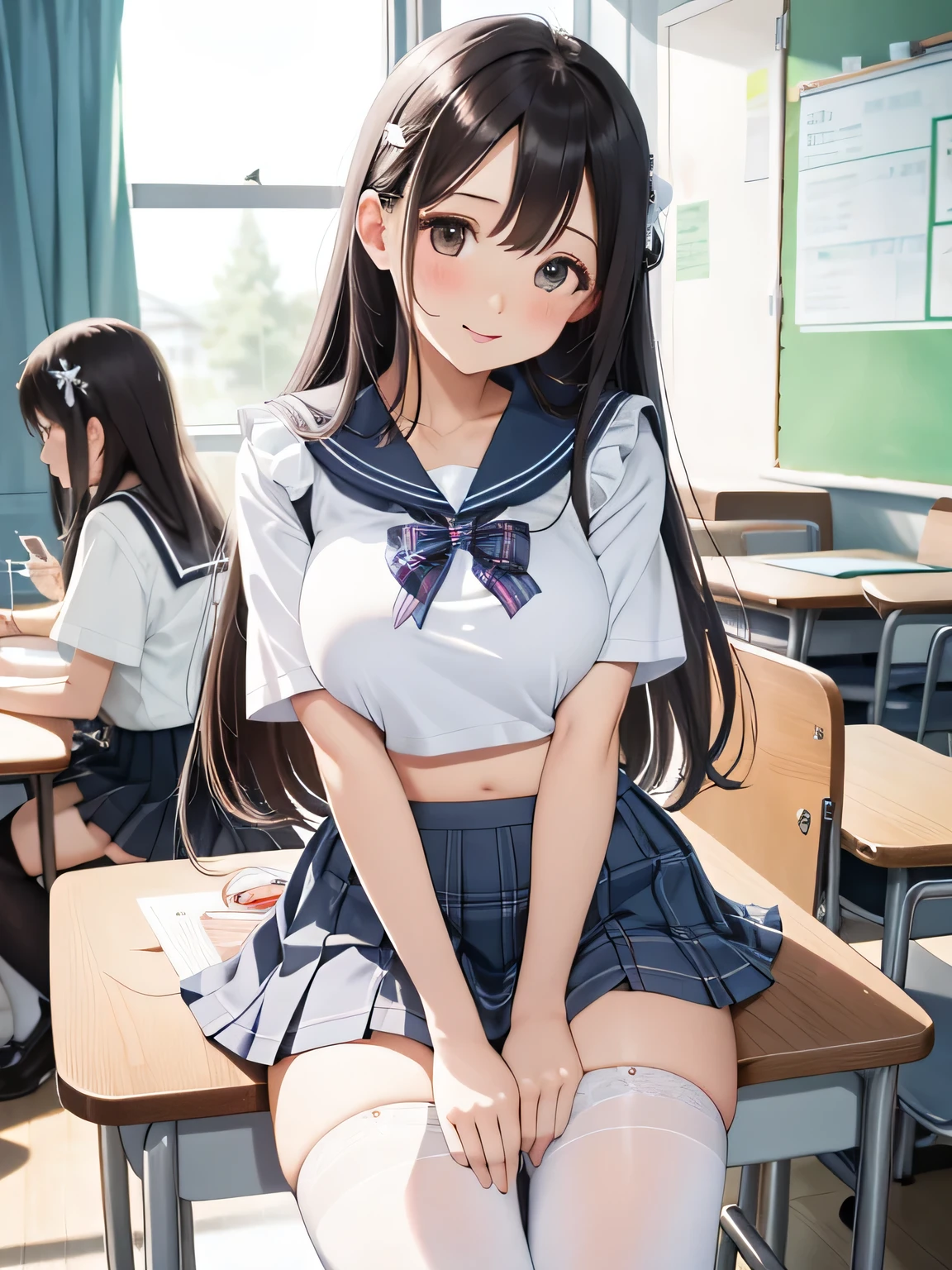 multiple girl, 2+girl, :o, bag, black skirt, blush, book, bow, bowtie, brown hair, building, chair, classroom, desk, hair ornament, hairclip, indoors, long hair, looking at viewer, no shoes, pleated skirt, red bow, red bowtie, sailor collar, school desk, school uniform, skirt, solo, standing, window,