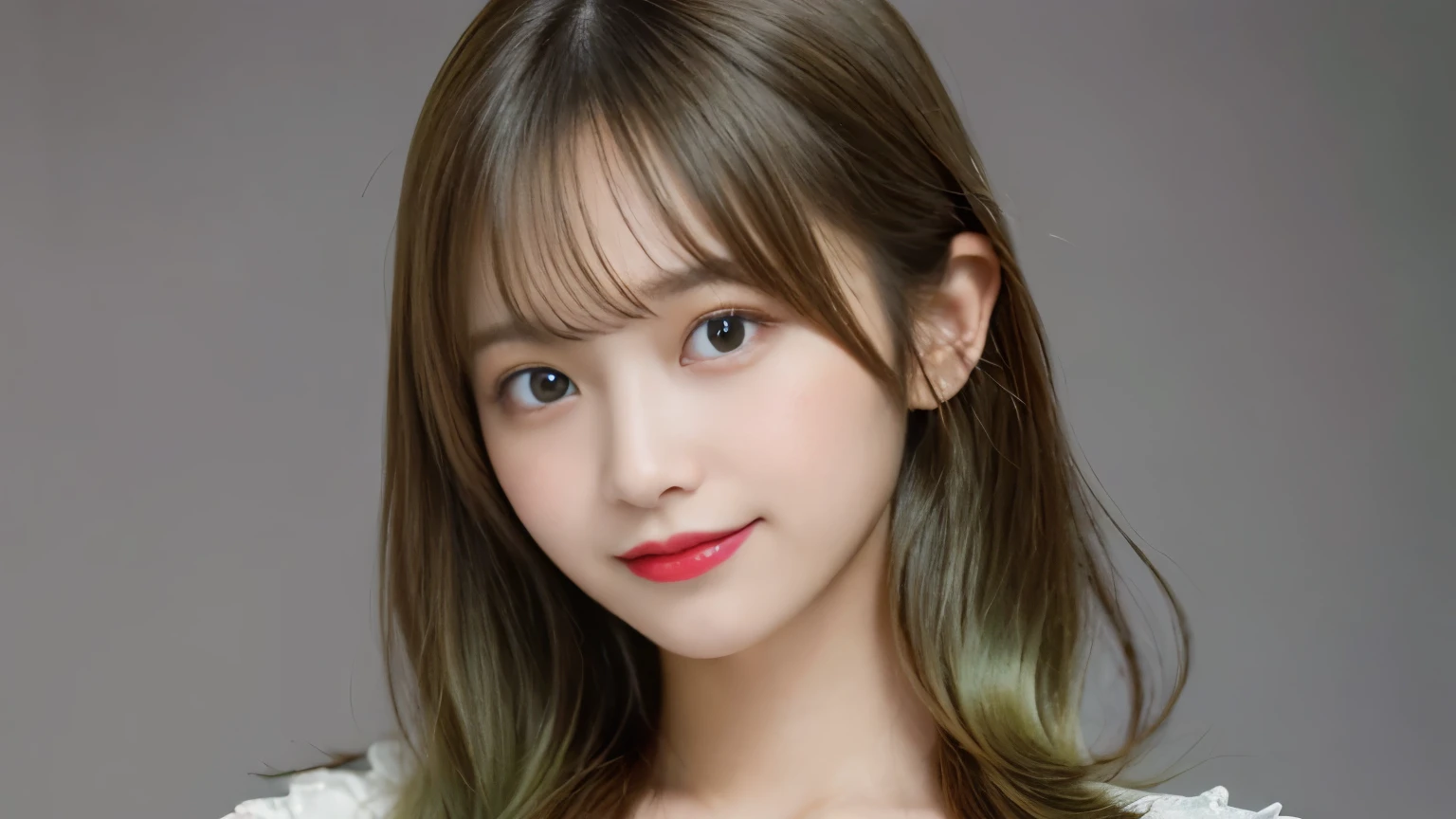 muste piece, best quality, illustration, Super detailed, fine details, High resolution, 8K Dende Wallpaper, perfect dynamic composition, beautiful detailed eyes, she is wearing a green dress,medium hair,natural color lip, shy smile,Harajuku style、20 year old girl、There is only one person, bust up photo、Correct posture、stretch your back、Never show your hands、Stand up straight、cute type、looking at camera、D cup breasts、golden hair、Don't touch it、white background、background is white