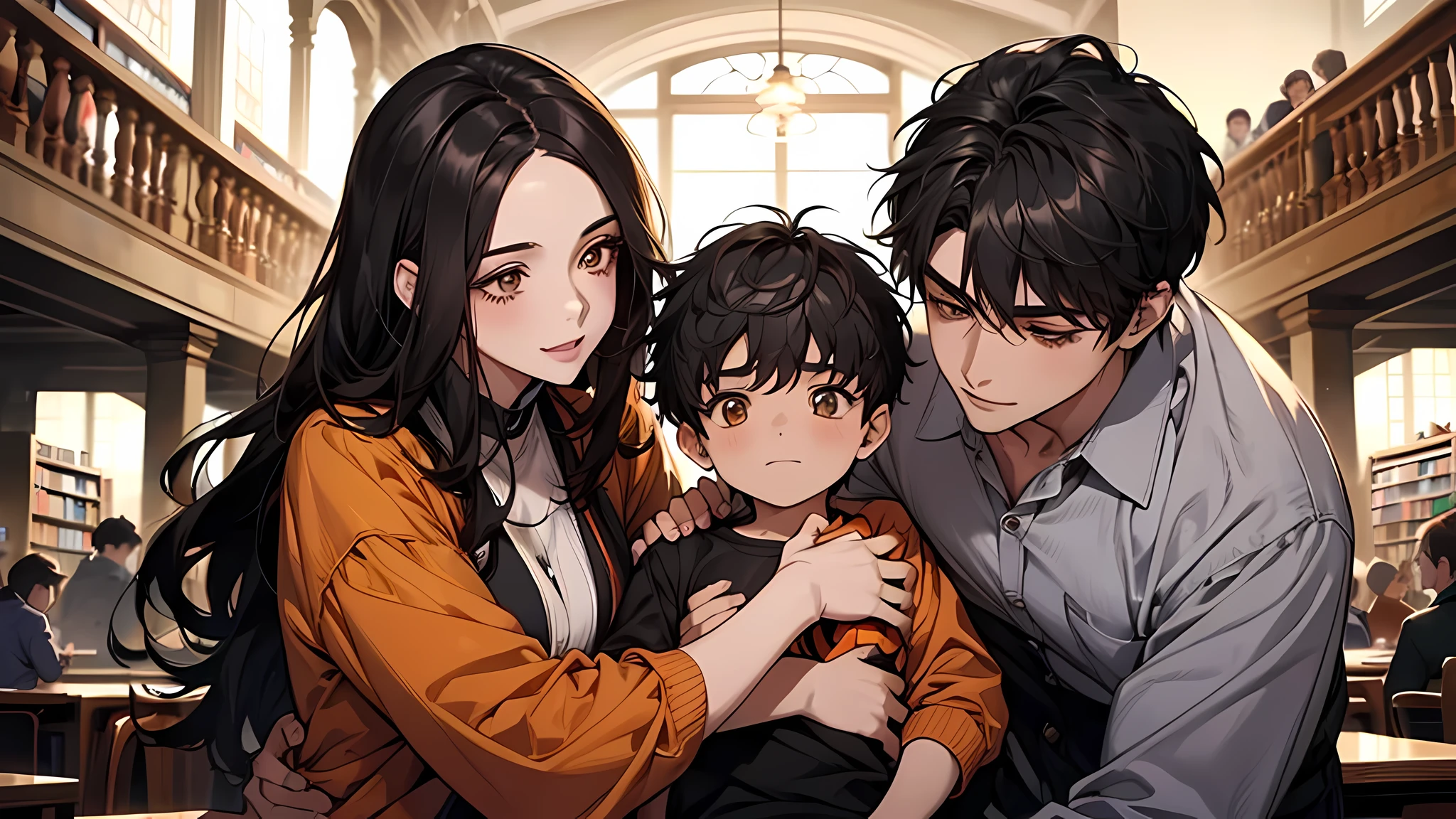 best qualtiy,tmasterpiece,超A high resolution,perfect anatomia,(fidelity:1.4),RAW photogr,ssmile,Children of short-haired boys,Woman with long hair and 2 year old boy with short hair,a woman and small boy, Mom and short-haired son,Gorgeous Mother And Smiley Boy,at library,cowboy shot,cinmatic lighting,adolable,(Hugging a black-haired baby)、(Orange outerwear)(Long-haired mom and short-haired son)、