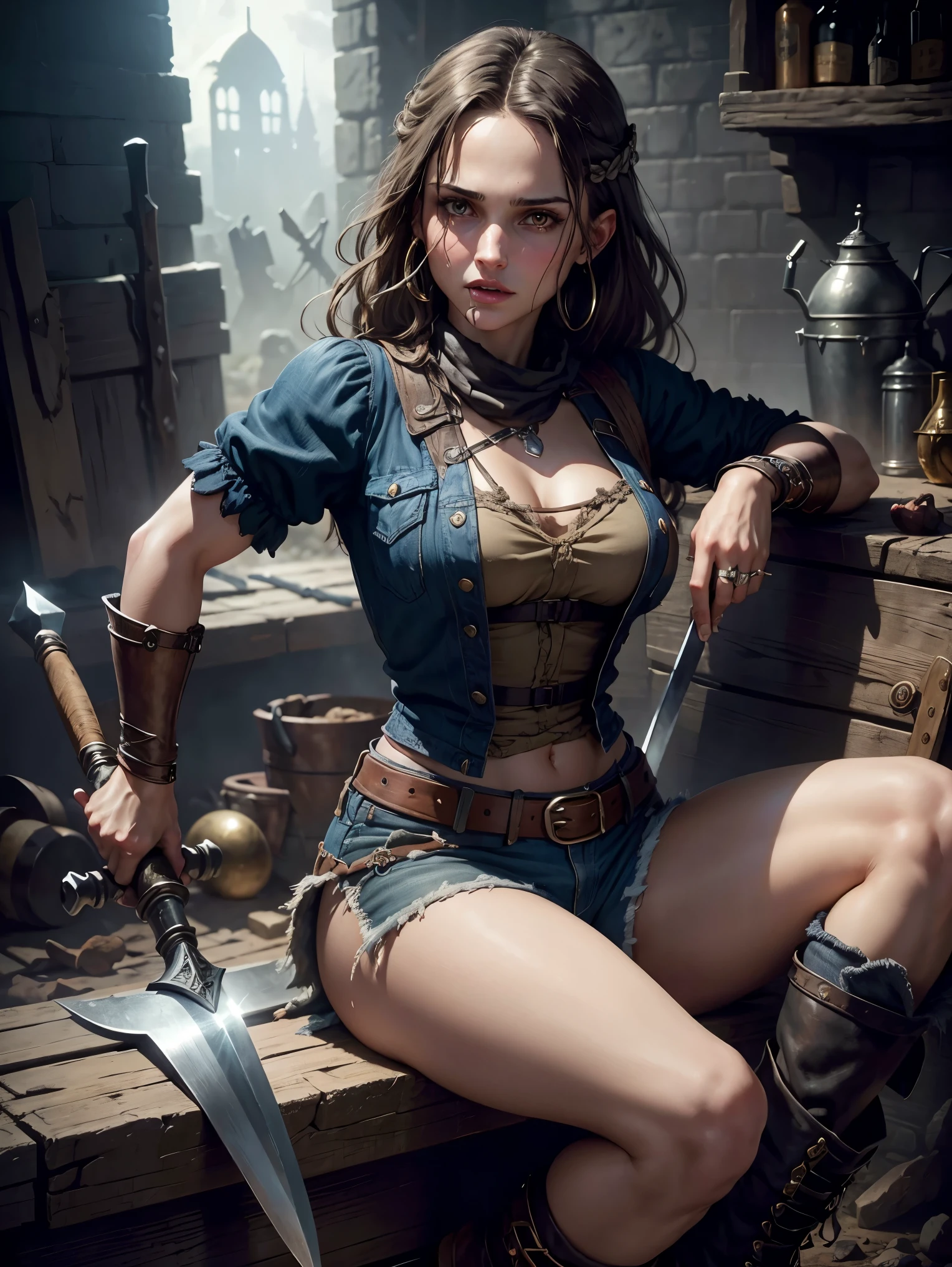 masterpiece. macabre, horror fantasy. detailed epic fantasy oil painting of beautiful blacksmith Natalie Portman. detailed stylish blacksmith costume, bandana, boots, denim shorts for the summer. athletic. gently slightly biting hammer with tongue. night. she leaning on anvil and sword. background event horizon. sweating.