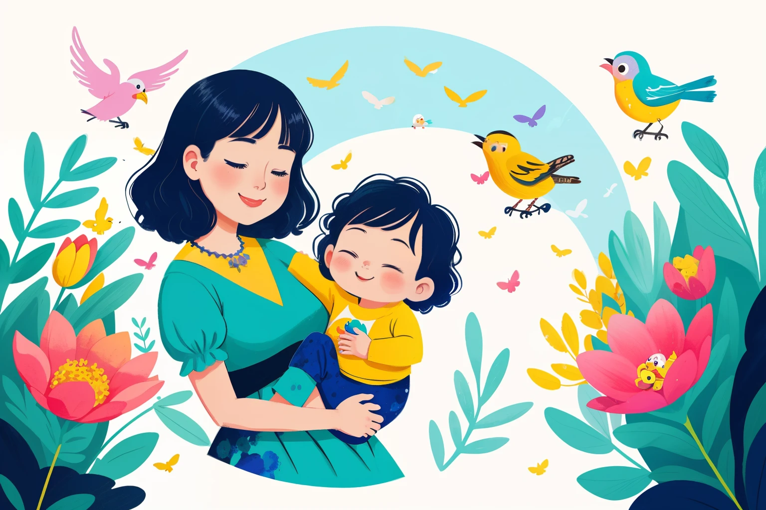 a mother holding a baby, happy face, cute, cute baby, colorful background, paint splash background, disney-like, illustration, modern illustration, colourful artwork, outdoor background, fairytale scenery, dream like, white framing, wide view, cinematic, pastel colors, birds, better face, better fingers, expression, flowers, garden, eyes closed