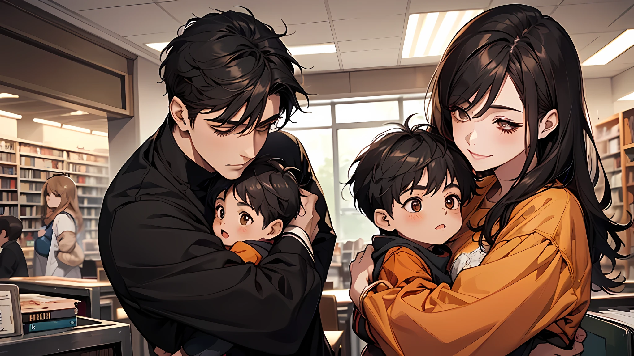 best qualtiy,tmasterpiece,超A high resolution,perfect anatomia,(fidelity:1.4),RAW photogr,ssmile,Children of short-haired boys,Woman with long hair and 2 boy with short hair,a woman and small boy, Mom and short-haired son,Gorgeous Mother And Smiley Boy,at library,cowboy shot,cinmatic lighting,adolable,(Hugging a black-haired baby)、(Oe outerwear)(Long-haired mom and short-haired son)、