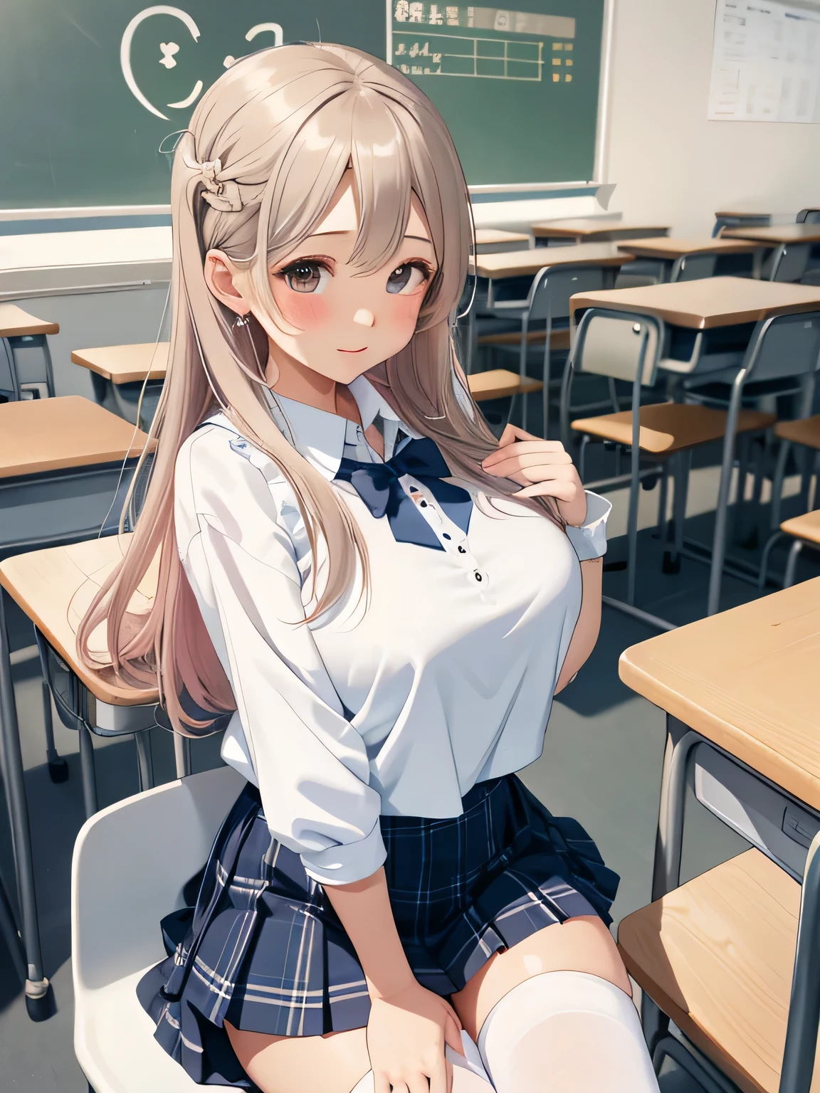highest quality、High resolution、detailed background、beautiful and detailed face、beautiful and smooth skin、skin texture、professional lighting、Beautiful teenage girl、((three women))、(huge breasts:1.2)、Changing clothes in the classroom、cute hairstyle、 cute sailor suit、Plaid pleated mini skirt、white bra、white panties、white knee high socks、white pantyhose、Look at me happily、sexual expression、Pull Panties、panty shot