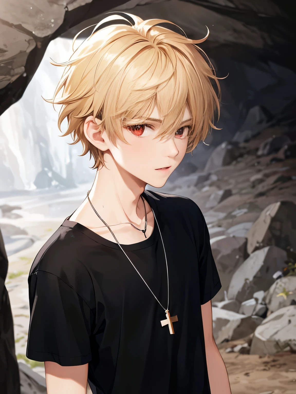 1 boy,18 years old,in the cave,close up photo,HD face,Focus on face,cross necklace,handsome,messy hair,Perfect face, detailed face, short hair, blonde hair,half body photo,black t-shirt, short sleeve t-shirt,black trousers, Long pants,red eyes, vampire