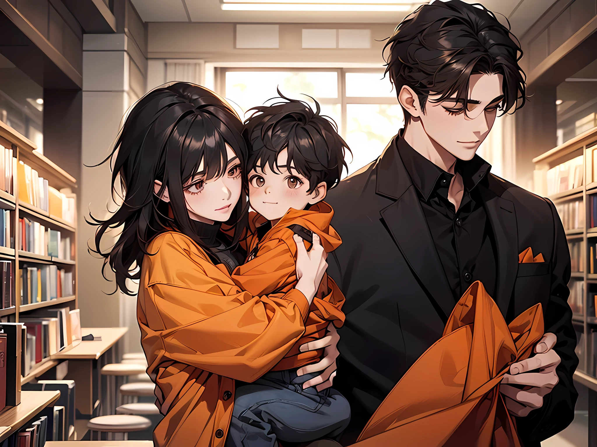 best qualtiy,tmasterpiece,超A high resolution,perfect anatomia,(fidelity:1.4),RAW photogr,ssmile,Children of short-haired boys,Woman with long hair and 2 year old boy with short hair,a woman and small boy, Mom and short-haired son,Gorgeous Mother And Smiley Boy,at library,cowboy shot,cinmatic lighting,adolable,(Hugging a black-haired baby)、(Orange outerwear)(Long-haired mom and short-haired son)、