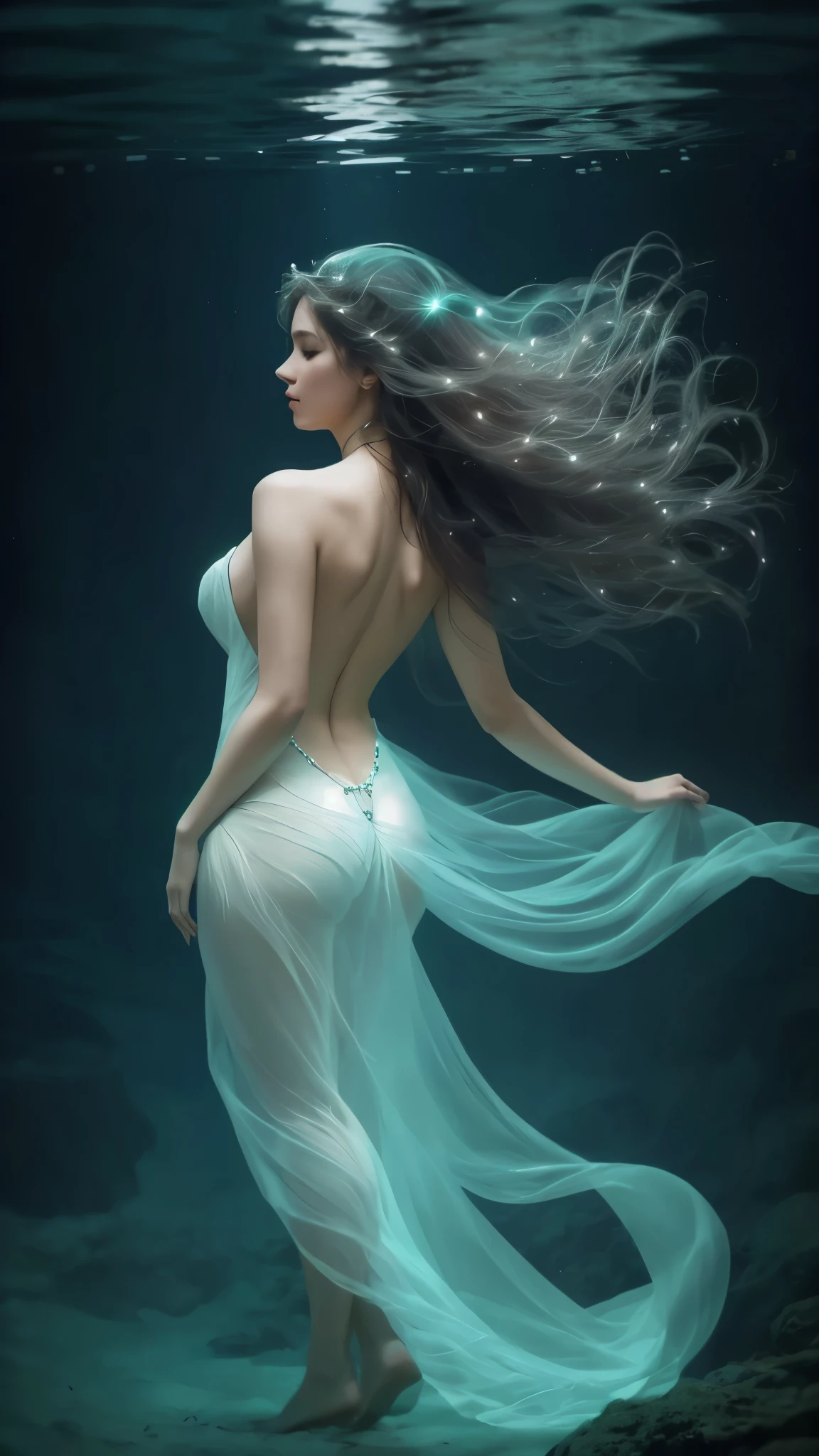 photograph capturing the ethereal beauty of a woman full immersed in the depths, some distance from the camera, lights from her back, her flowing hair dancing gracefully with the currents, minimal background