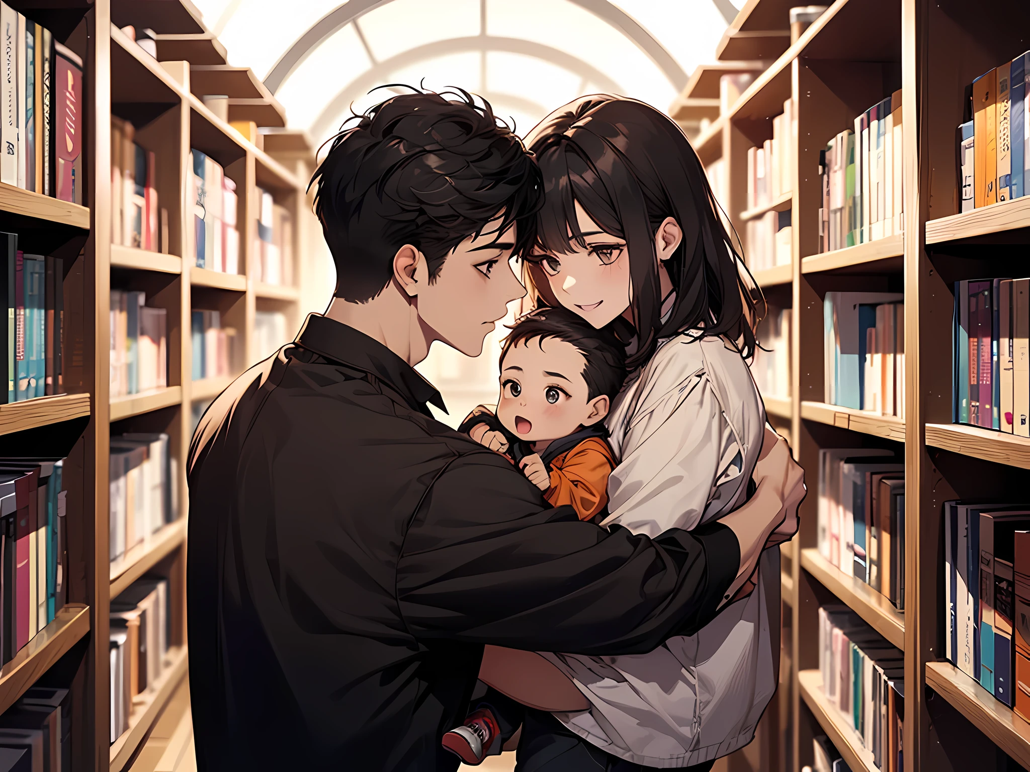 best qualtiy,tmasterpiece,超A high resolution,perfect anatomia,(fidelity:1.4),RAW photogr,ssmile,Children of short-haired boys,Woman with long hair and 2 boy with short hair,a woman and small boy, Mom and short-haired son,Gorgeous Mother And Smiley Boy,at library,cowboy shot,cinmatic lighting,adolable,(Hugging a black-haired baby)、(Oe outerwear)(Long-haired mom and short-haired son)、