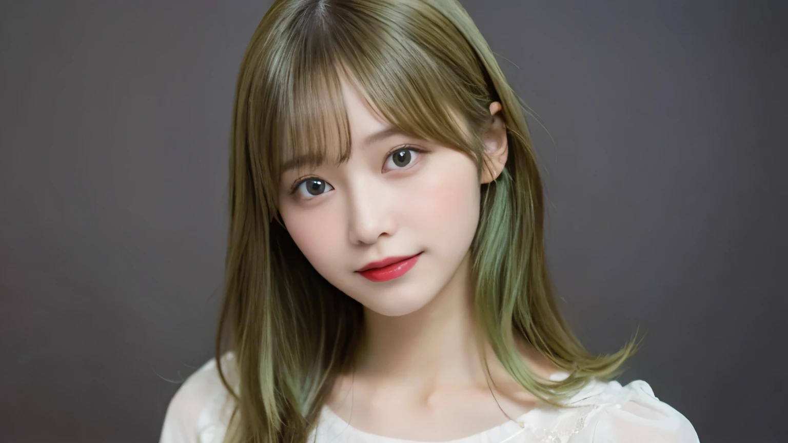 muste piece, best quality, illustration, Super detailed, fine details, High resolution, 8K Dende Wallpaper, perfect dynamic composition, beautiful detailed eyes, she is wearing a green dress,medium hair,natural color lip, shy smile,Harajuku style、20 year old girl、There is only one person, bust up photo、Correct posture、stretch your back、Never show your hands、Stand up straight、cute type、looking at camera、D cup breasts、golden hair、Don't touch it、white background、background is white