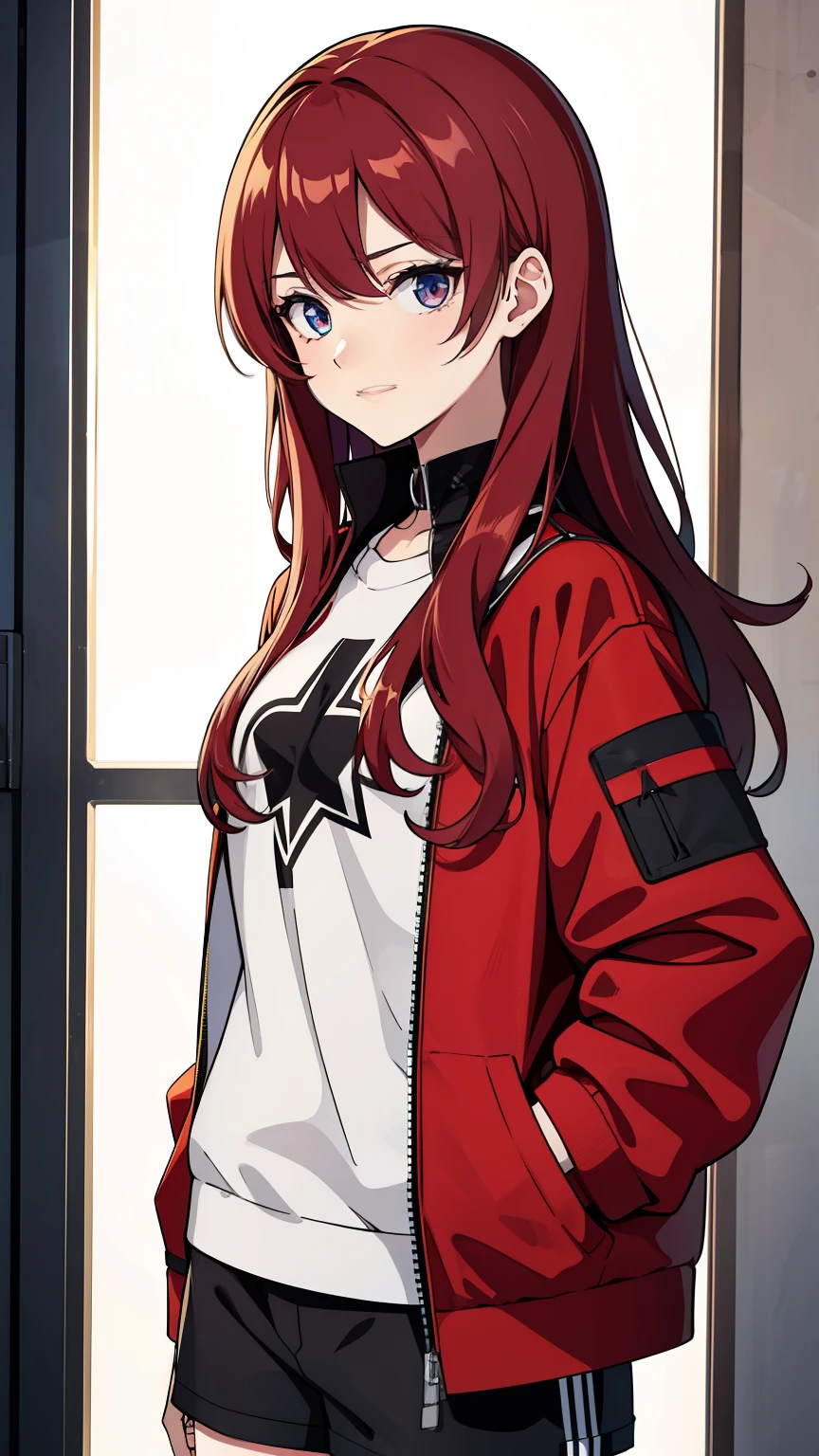 (high-quality, breathtaking),(expressive eyes, perfect face) 1girl, female, solo, age 13, adolescent age, deep red color hair, dark red eye color, soft wavy hair, long hair length, cute smile, shirt, shorts, jacket, honkai star rail art style, soft kind expression, 4" Height, cute face, childlike face, modern clothing,  decals on clothing, jewellery and accessories, power of imagination
