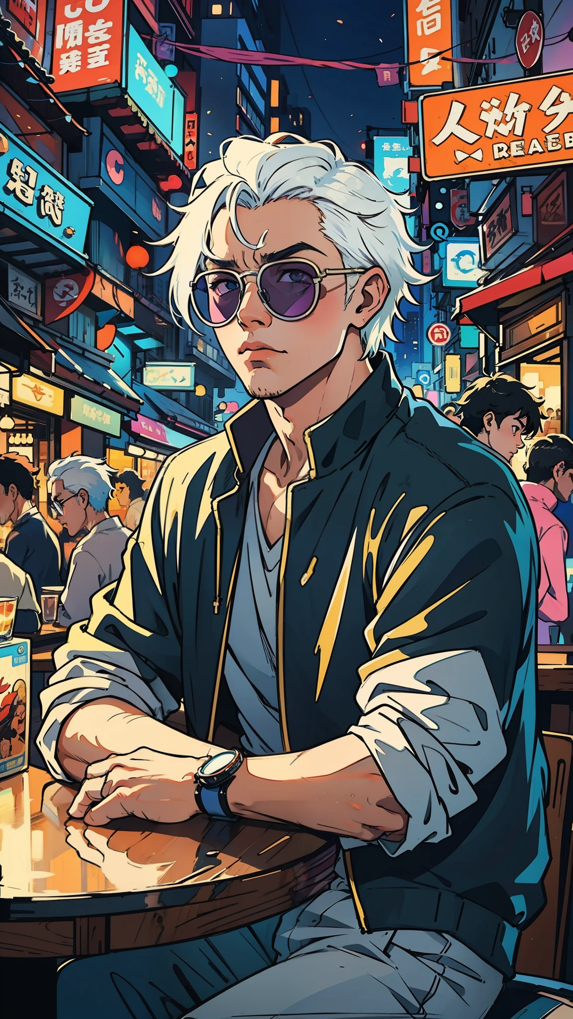 anime - style illustration of a handsome man sitting at a bar in a busy city, white hair, circular sunglasses, inspired by liam wong, by liam wong, by patrick ching, ross tran style, makoto shinkai cyril rolando, lofi artstyle, rob rey and kentaro miura style, lo-fi illustration style, greg rutkowski makoto shinkai, by ryan yee