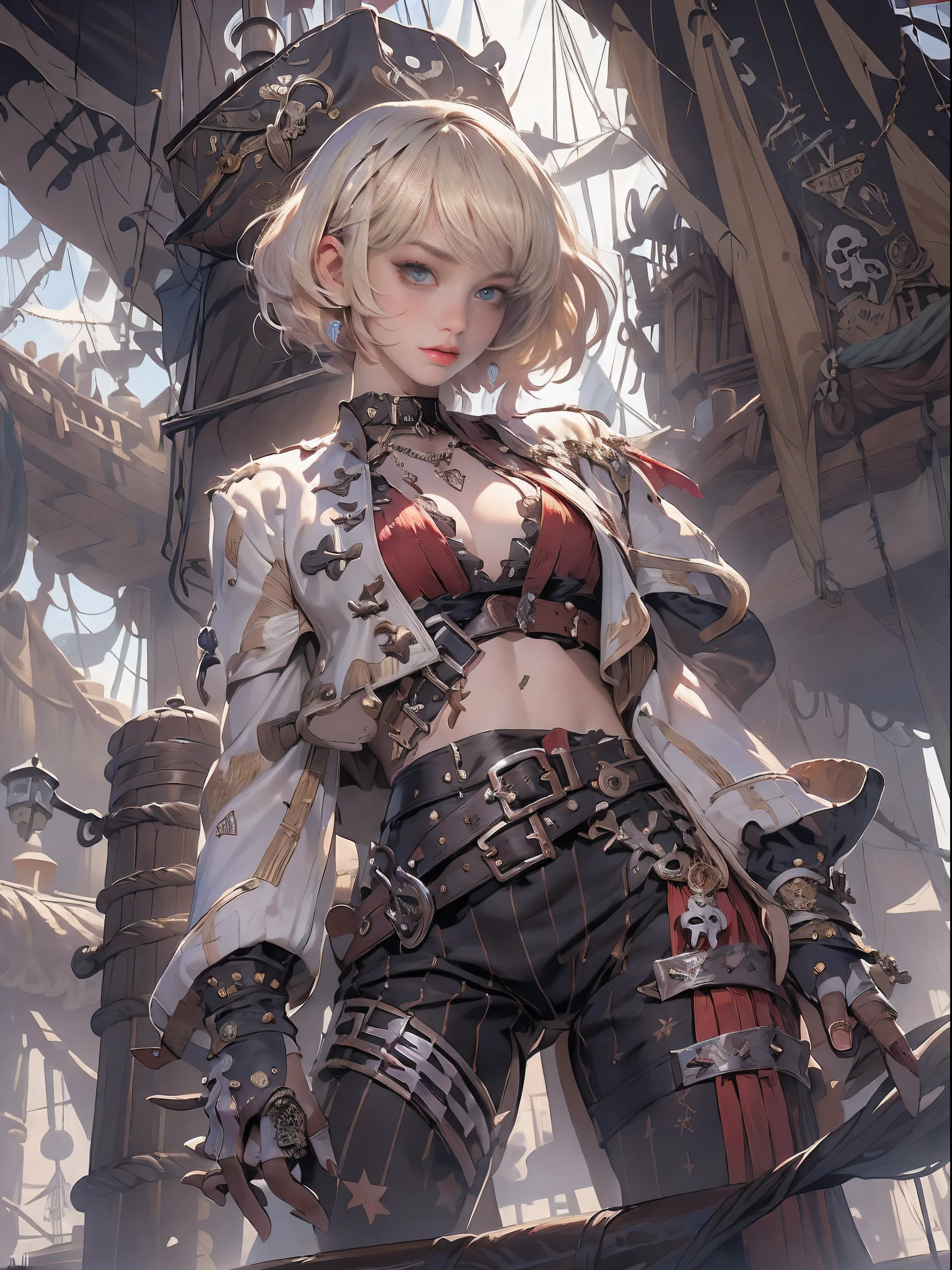 (((da mais alta qualidade: 1.4))),(incomparable masterpiece of all time), (Ultra High Definition),(CG 8k ultra-realista)、 (((corpo adulto))), (((1 garota em))), ((( Bob Cabelo Curto ))), Pirata de 25 anos com um corpo perfeito, Pirate hat with metal thorns,Rosto lindo e bem cuidado,,Roupas piratas detalhadas,Jaqueta Pirata, (Image from head to thigh),(( White Blonde Bob Cabelo Curto )), Calcinha de couro pequena, O estilo selvagem urbano de Simon Bisley,Fundo detalhado do navio pirata,Abdominais limpos, Complex graphic gauntlets, Vermelho escuro com estrelas brancas e listras azuis e brancas, Armadura, Tatuagem venenosa ), ,
