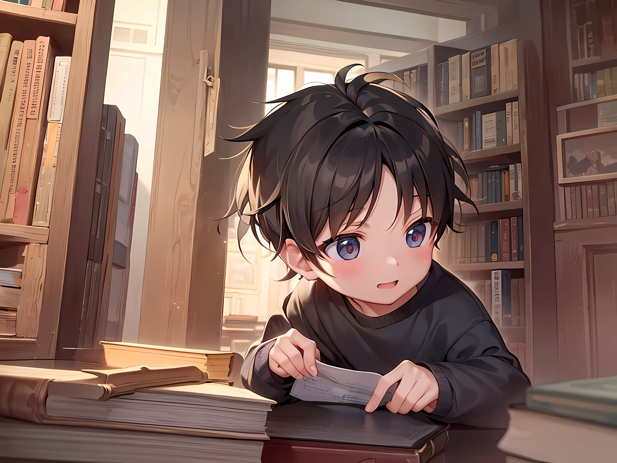The little boy read intently,The face was full of excitement and curiosity。The large bookshelves around are lined with old books,The air smells of dust and history。