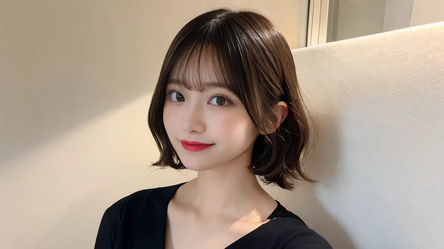 muste piece, best quality, illustration, Super detailed, fine details, High resolution, 8K Dende Wallpaper, perfect dynamic composition, beautiful detailed eyes, she is wearing a black dress,medium hair,natural color lip, shy smile,Harajuku style、20 year old girl、There is only one person, bust up photo、Correct posture、stretch your back、Never show your hands、Stand up straight、cute type、looking at camera、D cup breasts、golden hair、Don't touch it、white background、background is white