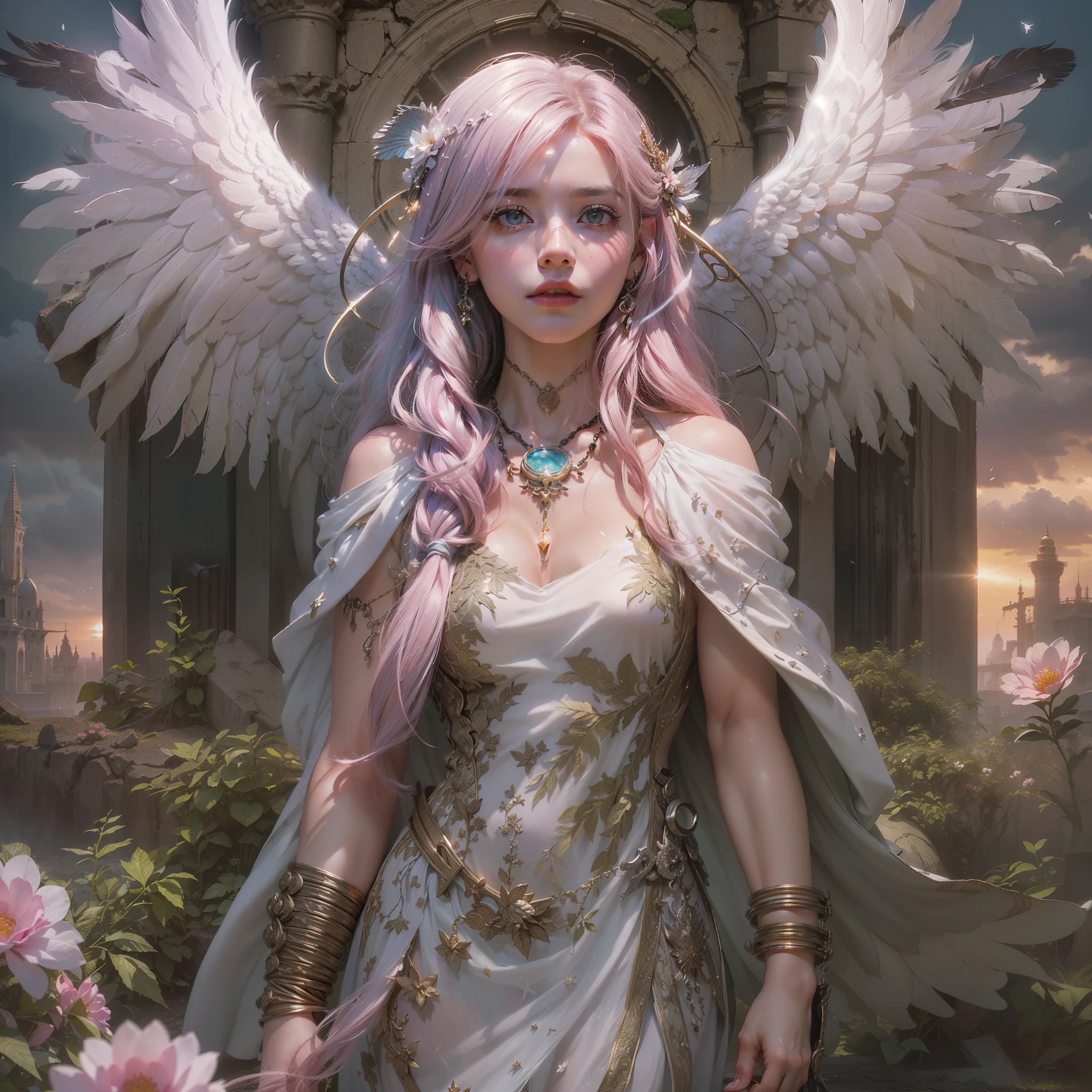 ((too much skin: 1.8)), (award-winning masterpiece galore, incredibly detailed, textured and maximally detailed), (hyper realistic: 1.4), (realistic: 1.3), (top quality realistic textured skin), (dense perfect circles, symmetrically(beautifully rendered eyes), (angelic light divine radiance circle overhead: 1.8), ((medieval world)), (black angel of the lord: 1.6), (full body standing image: 1.8), (beautiful gentle eyes), (love the beautiful color eyes), (magnificent cloud mass and sky), (halo optical phenomenon: 1.3), (dramatic light), (magnificent view), (very beautiful expression of serenity and tenderness), ((big old wings with pitch black feathers behind her shoulders)), flower earrings in her ears, (((dramatic photo))), (twilight), (sunset), (dusk), ((sacred pose)), (silver hair),(pink hair)、(chestnut hair), flower field, (elaborate necklace around her neck), old ruins infested with plants, great temple, cathedral, ruins of a temple, temple away from temple, (glowing magic circle), ruins of an ancient castle, deserted ruins, crumbling ruins, ancient ruins with clear water, holy light, epic realistic, ((Neutral Color )), (HDR:1.5), (Subdued Color:1.2), Highly Detailed, Cinematic, Warm Light, Dramatic Light, (Complex Detail:1.1), Complex Background, Petals, Pastel Color,