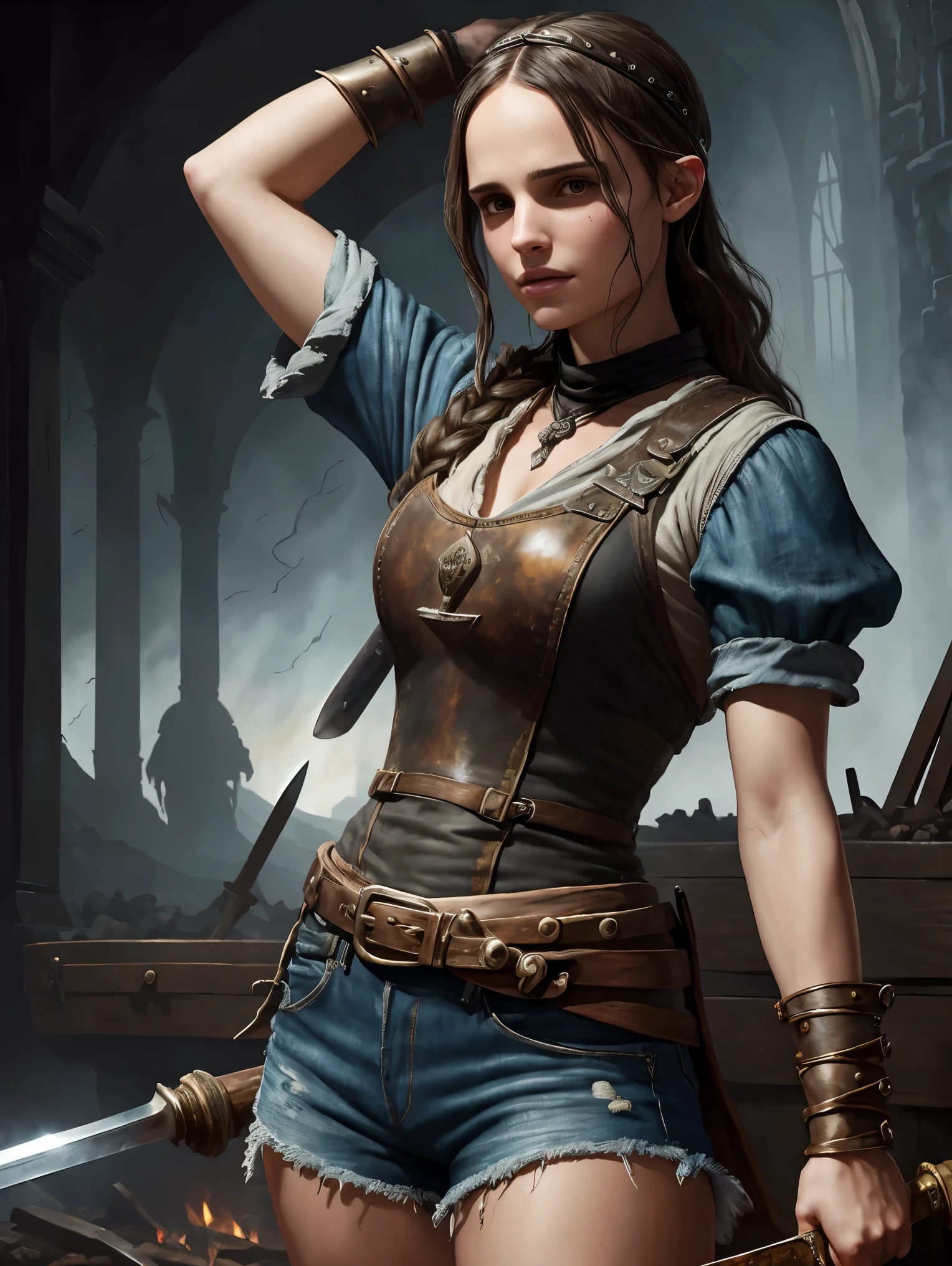 masterpiece. macabre, horror fantasy. detailed epic fantasy oil painting of beautiful blacksmith Natalie Portman. detailed stylish blacksmith costume, bandana, boots, denim shorts for the summer. athletic. gently slightly biting hammer with tongue. night. she leaning on anvil and sword. background event horizon. sweating.