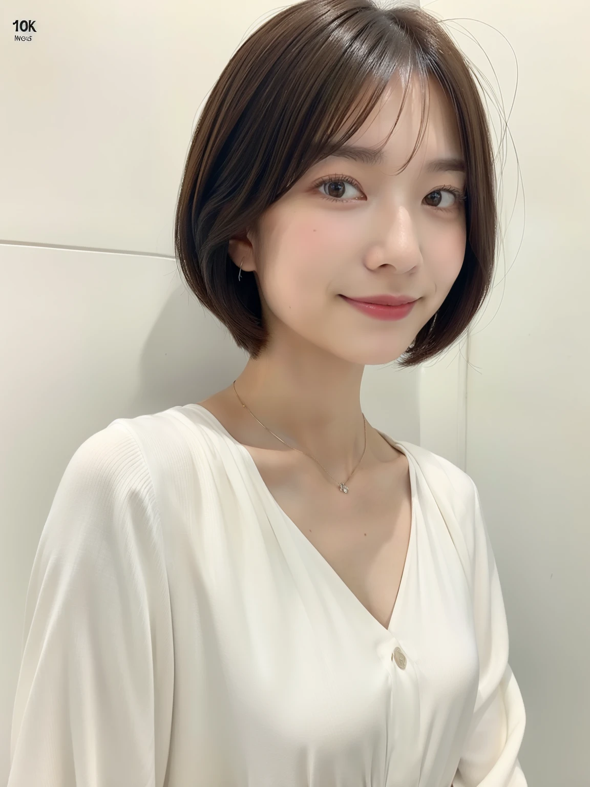 (highest quality、8K、32K、masterpiece、nffsw:1.2)、Taken in front of a white wall、Photos of Japan women、shortcut、short hair、very short hair、Upper body、surface focus、simple necklace、simple background、From above、looking at the viewer、mix 4、(8K、Raw photo、highest quality、masterpiece:1.2)、(realistic、Photoreal:1.37)、1 girl、professional lighting、photon mapping、Physically based rendering、excellent image quality、High resolution、1080P、(clean face)、(Detailed facial description)、(detailed description of hands)、(Masseter muscle part)、(Detailed CG)、 masterpiece、rich details、(exquisite features)、(best image quality)、(masterpiece)、(detailed eye)、looking forward to your eyes、delicate clavicle、Versatile poses、Don'don't watch the mela、profile、simple necklace、((Long sleeve dresses))