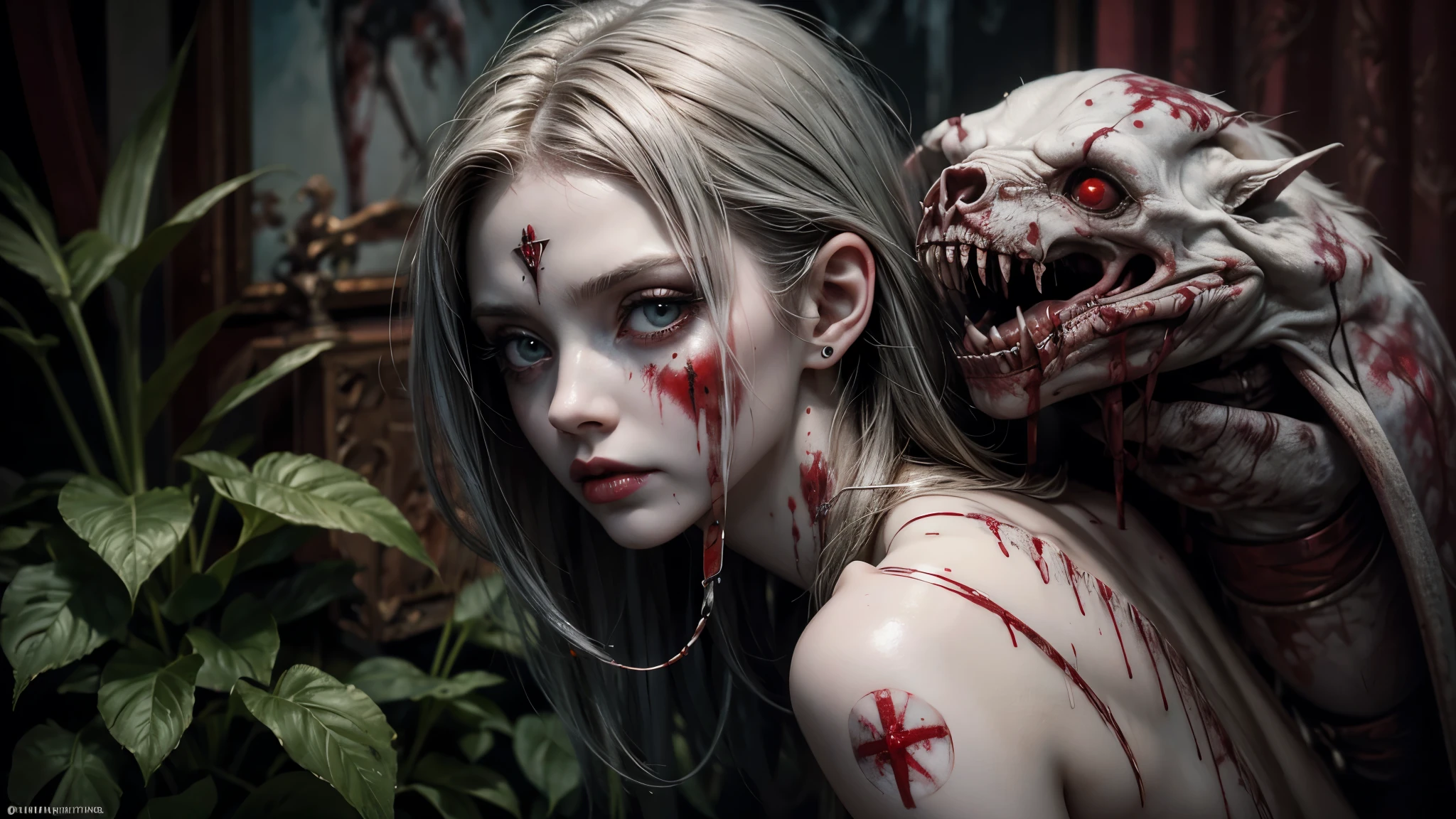 pale vampire girl with short messy hair,olhos verdes,sardas no rosto,pele clara,pintura a oleo,obra de arte,pintura renascentista,sobretudo de metal e pelo de animal, (sangue: 1.5),sad expression,plantas,detalhado