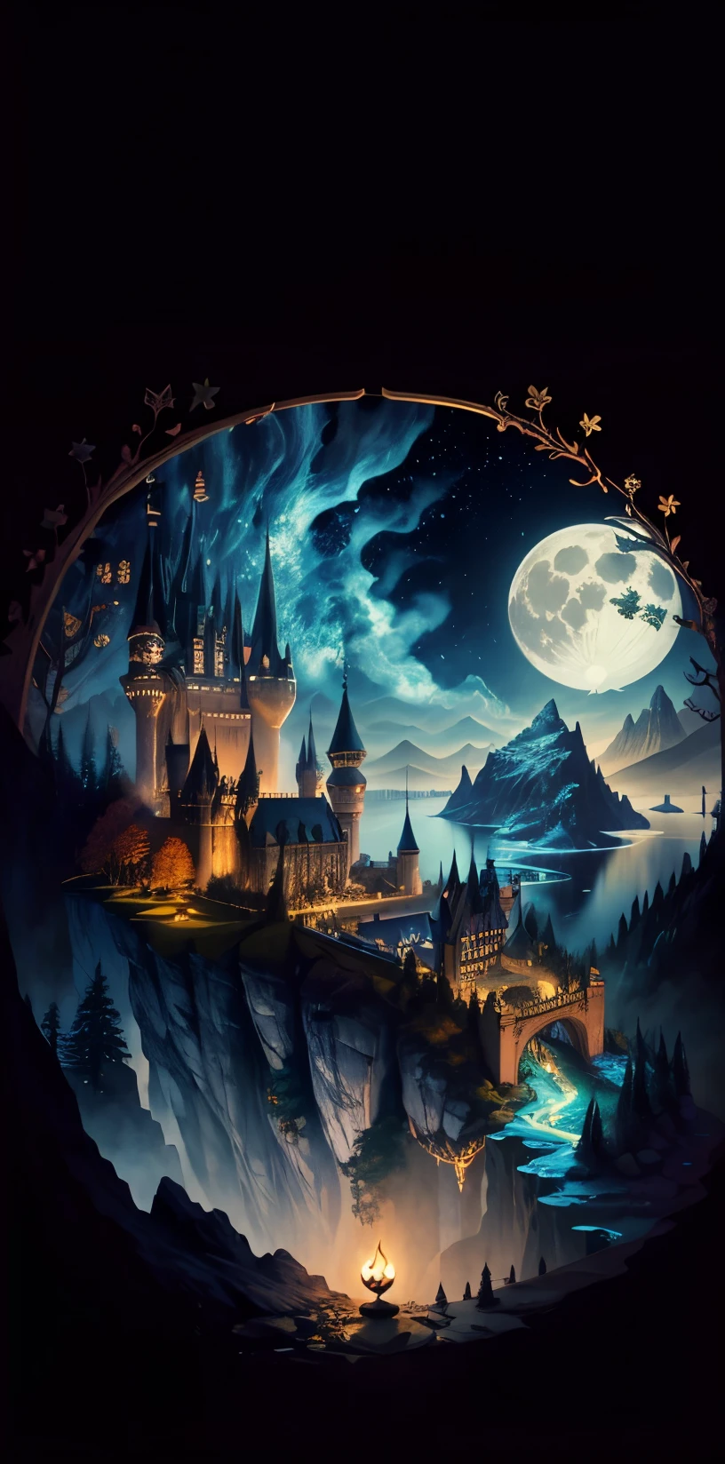 A castle poster with a full moon in the background, viewed from a cave, with a solid black background above and below. Close view with lake with reflection, detailed drawing inspired by gaston bussiere, shutterstock, fantasy art, enchanted castle, enchanted background, art of harry potter, highly detailed magical fantasy, scary castle)). mystical, background hogwarts, hogwarts setting, magic castle school on the hill, fairytale painting, magical composition, night scene