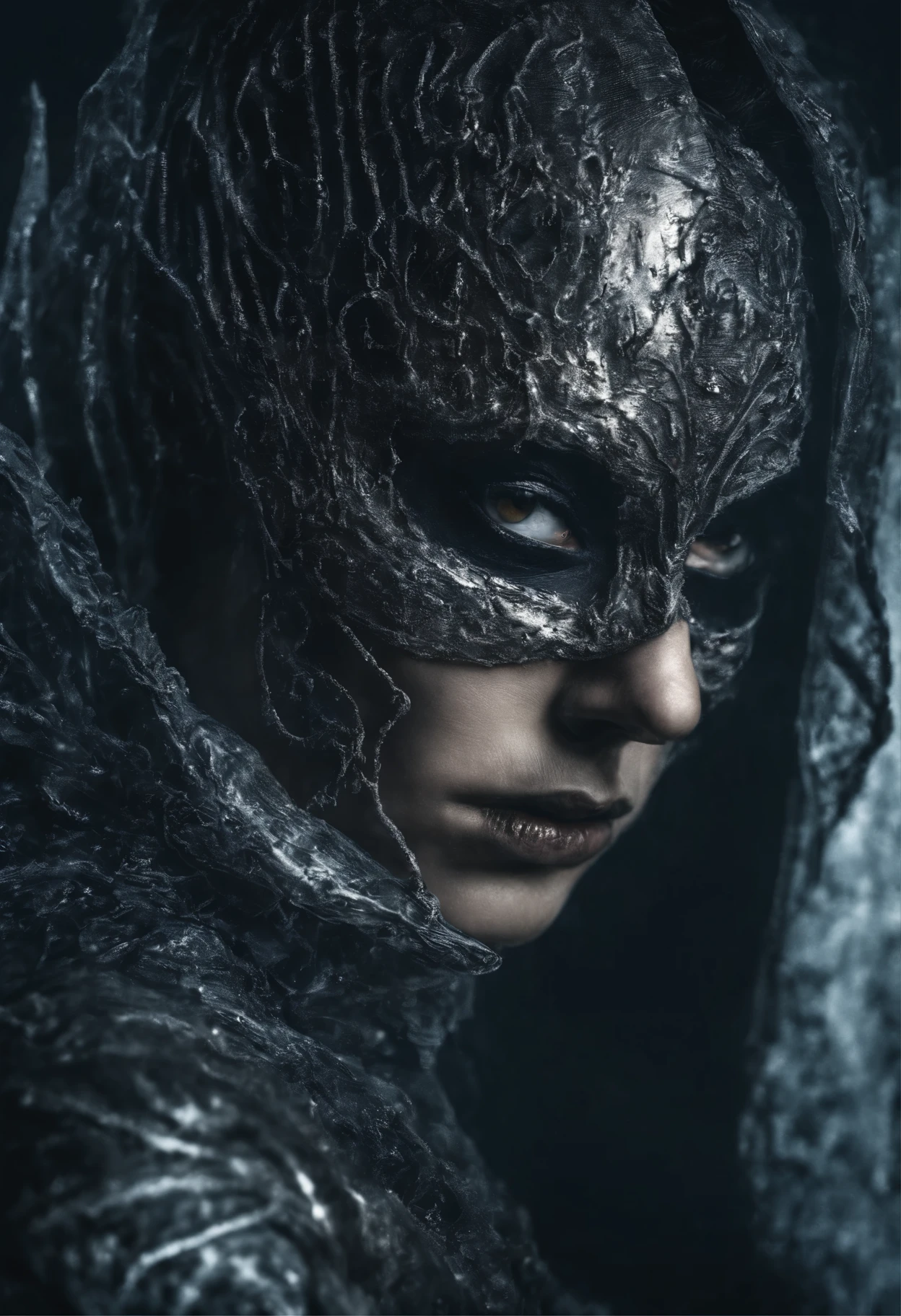 That woman's left eye is made of black diamonds, Translucent portrait, Close-up, Water vapor penetrates light gas, Film light and shadow, Full composition, Panoramic super wide angle, Very happy, Pterostilben has delicate texture, Strong visual impact, Hyperdetailed, Nightmare demon Sophisticated face, Clean eyes, Versatile colors, Elegant masquerade mask, Hard left eye, Shining odd-eyed human eye on right,
