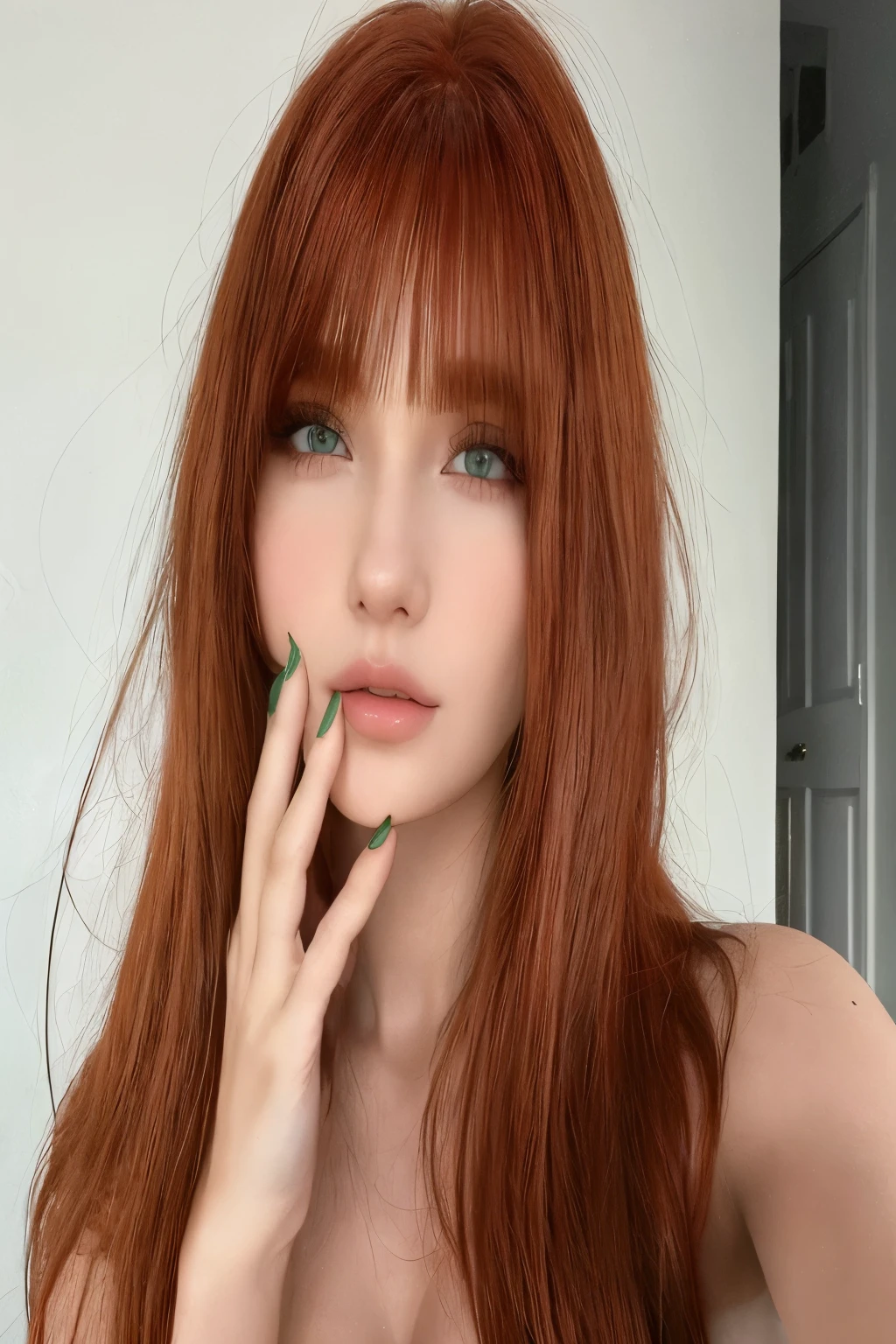 tem uma mulher ruiva e unhas verdes posando para uma foto, Bela Thorne, cabelo de cobre, red hair and attractive features, franja de cortina, franja repartida ao centro, com franja, long hair com franja, neat hair com franja, brown hair com franja, longos cabelos ruivos brilhantes, com cabelos ruivos e olhos verdes, com franja completa, brilhantemente colorido