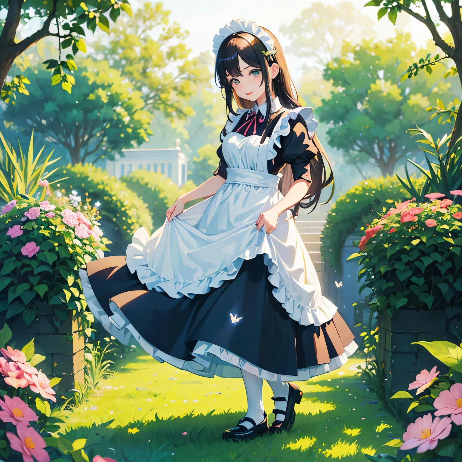 (cute anime maid,missing one shoe),detailed eyes,detailed lips,long eyelashes,girls,garden,happy expression,standing pose,green scenery,flowers,butterflies,sparkling sunlight,soft shadows,portraits,vivid colors,colorful,anime style,soft pastel colors,warm tones,natural lighting