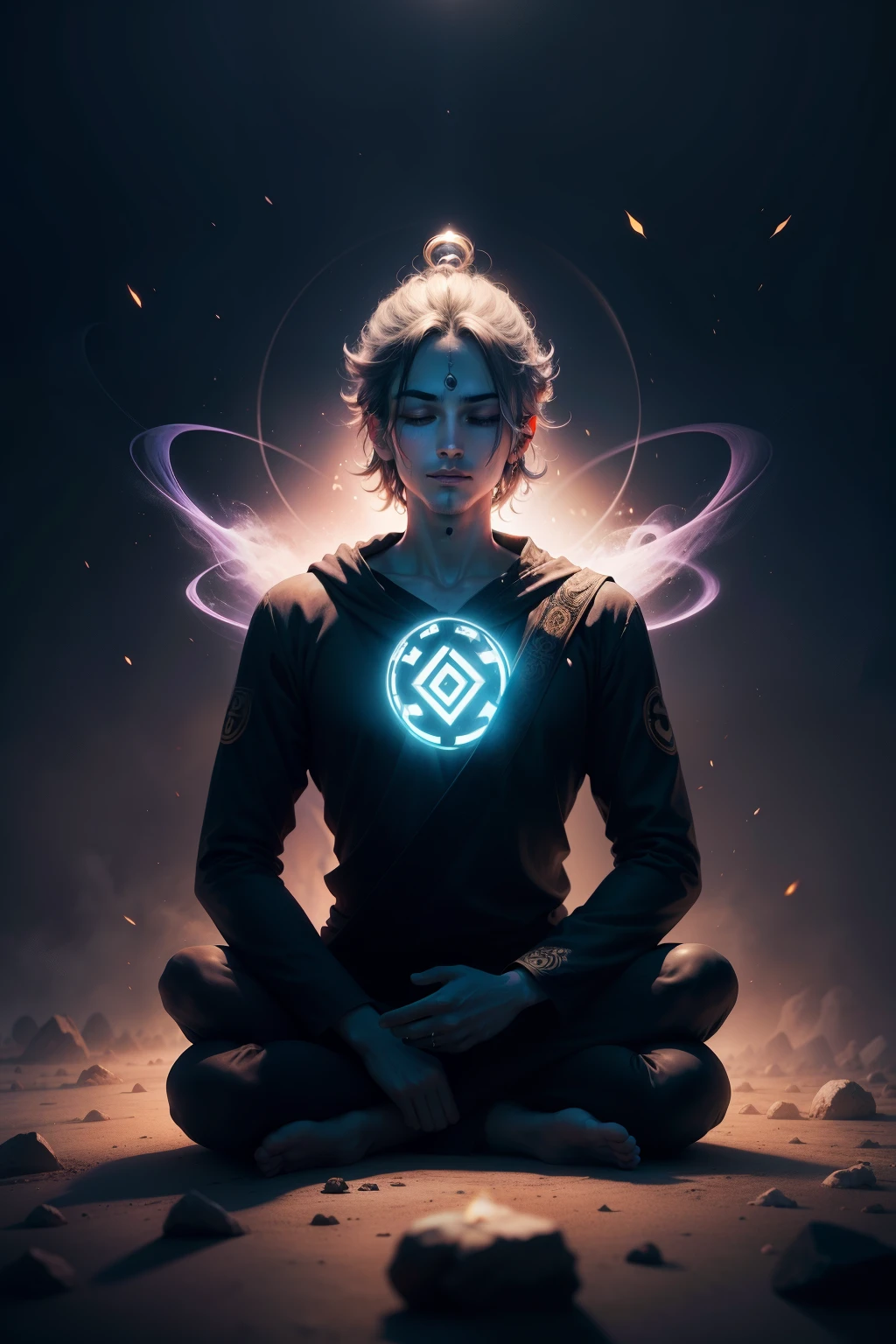 Awakened man sitting meditating in the 5th dimension world, Meditar en medio del caos, renderizado de caracteres, modelo de ultra alta calidad, ethereal background, Belleza abstracta, explosive volumetric, oil painting, golpes fuertes, goteo de tinta, 1 hombre, magic lighting, lighting lighting, buda, Swastika symbol, Nirvana, 7 chakras, Cara iluminada, cara feliz, peaceful face,