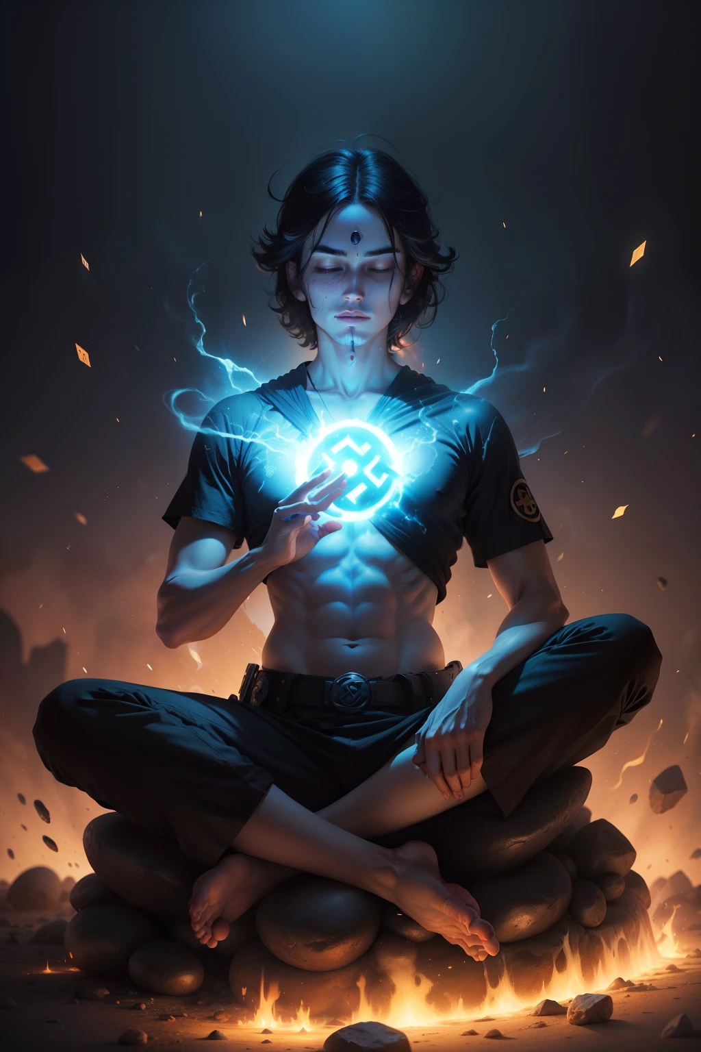Awakened man sitting meditating in the 5th dimension world, Meditar en medio del caos,  renderizado de caracteres, modelo de ultra alta calidad, ethereal background, Belleza abstracta, explosive volumetric, oil painting, golpes fuertes, goteo de tinta, 1 hombre, magic lighting, lighting lighting, buda, Swastika symbol, Nirvana, 7 chakras, Cara iluminada, cara feliz, peaceful face,