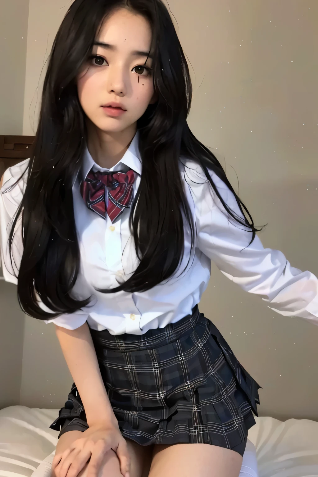 arafed asian woman in school uniform posing on a bed, hypercolegiala realista, colegiala realista, a hypercolegiala realista, japanese girl school uniform, hermosa chica de secundaria anime, japanese school uniform, chica anime en la vida real, uniforme jk, wearing japanese school uniform, vestido como , vistiendo uniforme escolar, magic school student uniform