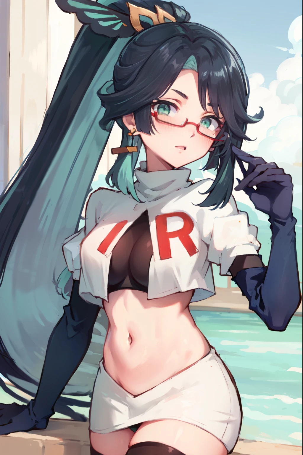 2d, masterpiece, best quality, anime, highly detailed face, perfect lighting, long hair, ponytail, multicolored hair, black hair, bangs, glasses, semi-rimless eyewear, earrings, green hair, hair ornament, jewelry, red-framed eyewear, green eyes, team rocket,team rocket uniform,white skirt,red letter R,crop top,black thigh-highs,black elbow gloves, embarrassed, blush